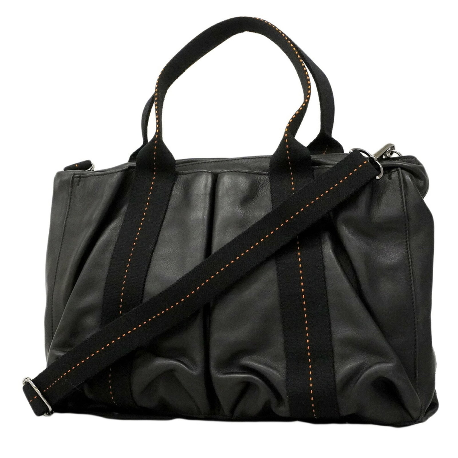Handbag Hermes Leather: Handbag Hermes Leather This black leather handbag from Hermes features silver hardware and has been well-cared for, with only minor signs of usage visible. The bag's condition reflects its age, with