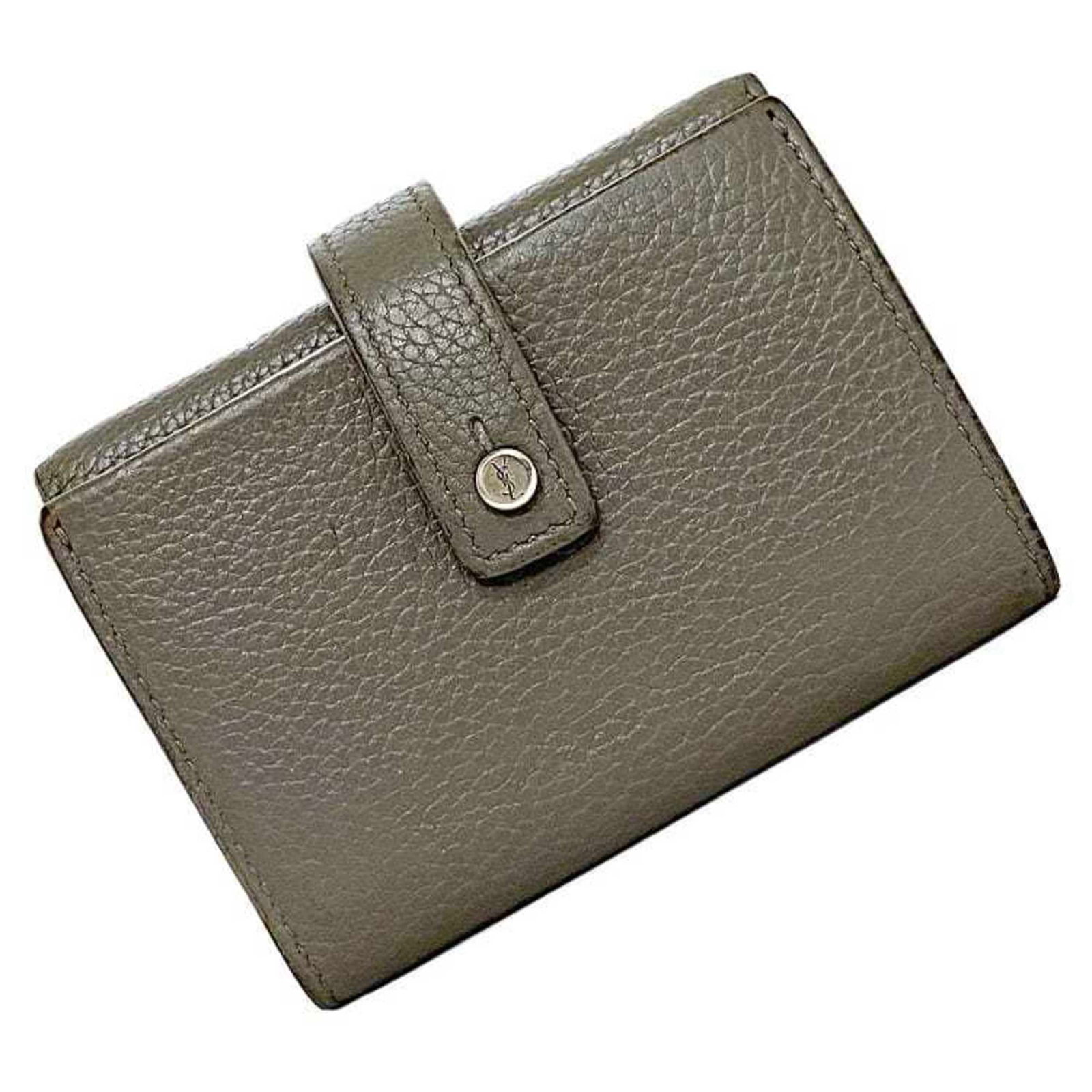 Saint Laurent Yves Wallet Leather Tri Fold: Saint Laurent Yves Wallet Leather Tri Fold Gray leather tri-fold wallet from Yves Saint Laurent, with a classic design and subtle wear. The wallet measures 7cm x 9.5cm x 2.5cm and has visible