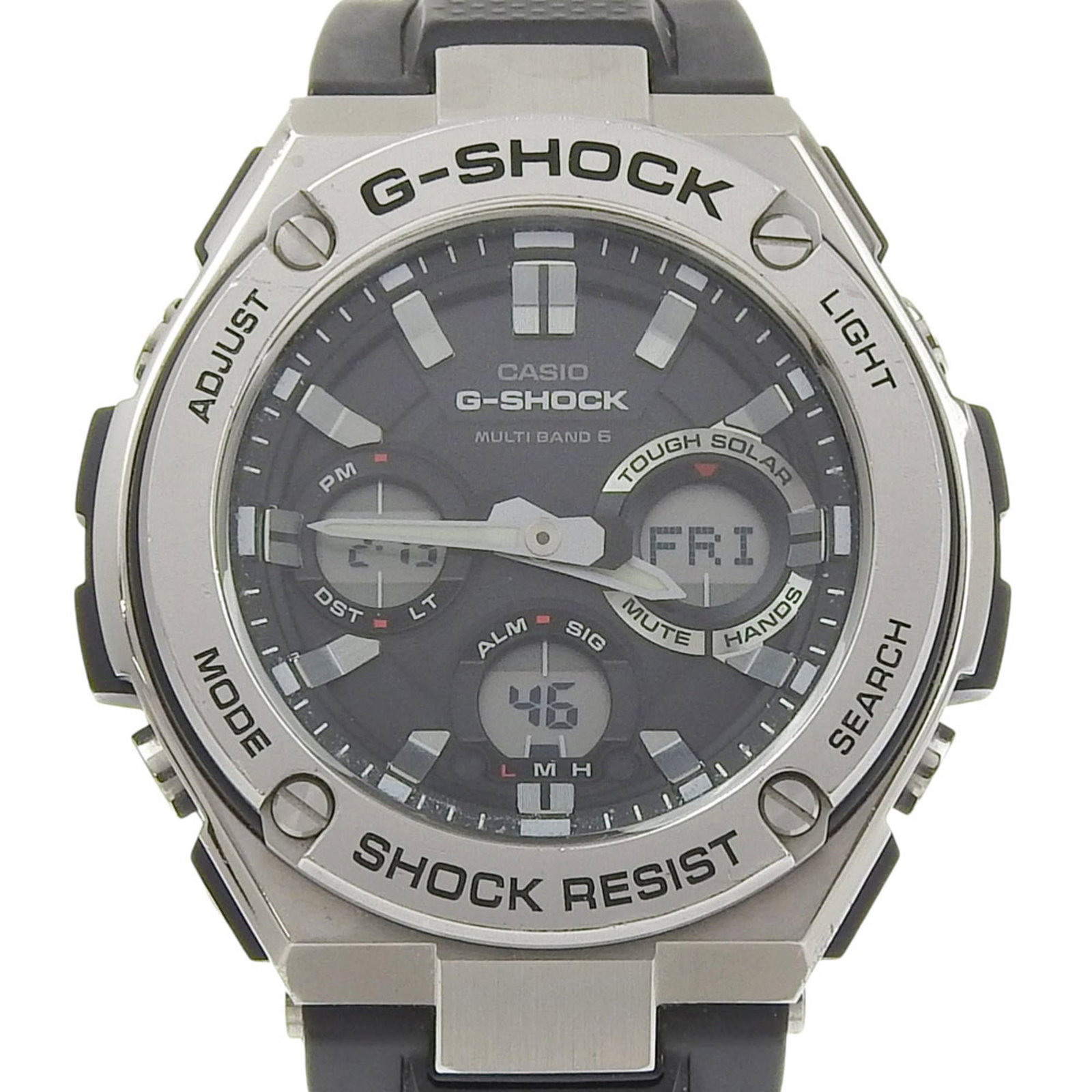Wristwatch by Casio: Wristwatch by Casio Stainless steel and rubber band construction provides durability, while the black dial stands out against a sleek stainless steel case. Measuring 52mm in diameter, this wristwatch