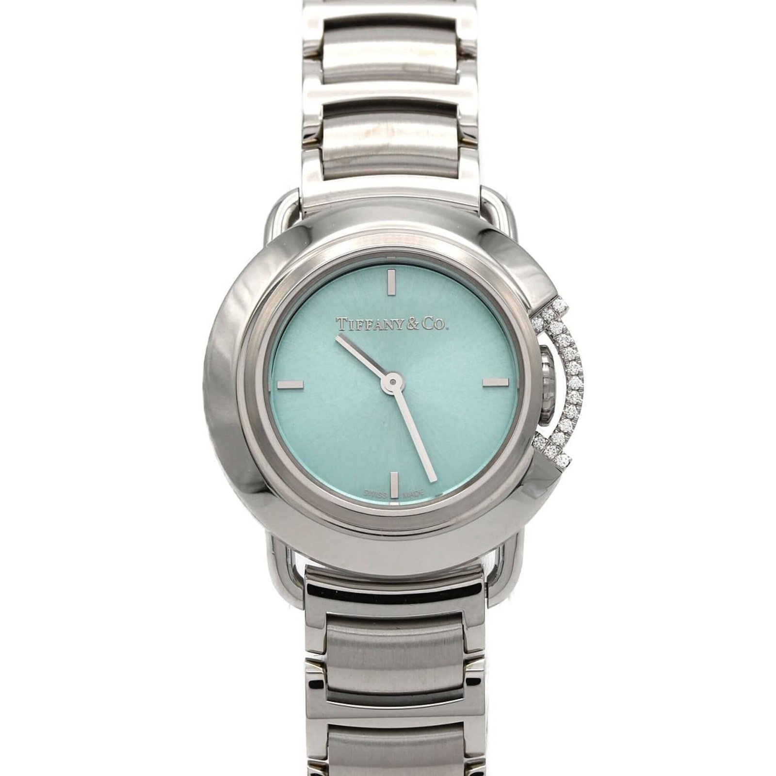 Tiffany Wristwatch: Tiffany Wristwatch Stainless steel case and band, the Tiffany wristwatch boasts a sleek blue dial. Measuring 25mm in diameter, it fits wrists up to 20cm in size. With some minor scratches and wear,