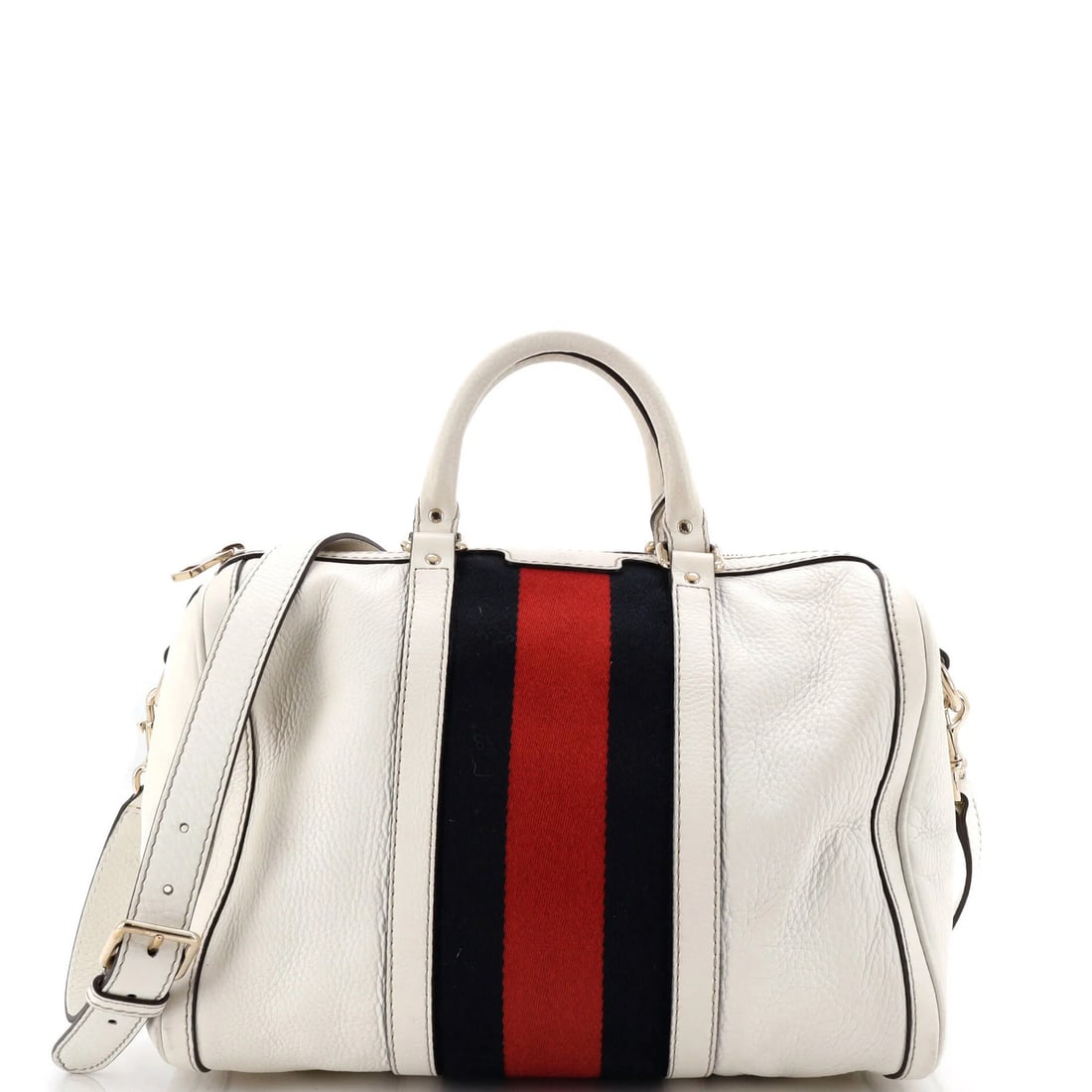 Boston Leather Bag Medium Gucci Vintage: Boston Leather Bag Medium Gucci Vintage White leather medium Gucci Boston bag with gold tone hardware, featuring top handle and strap. The bag has undergone wear, including heavy corner wear, edge wea