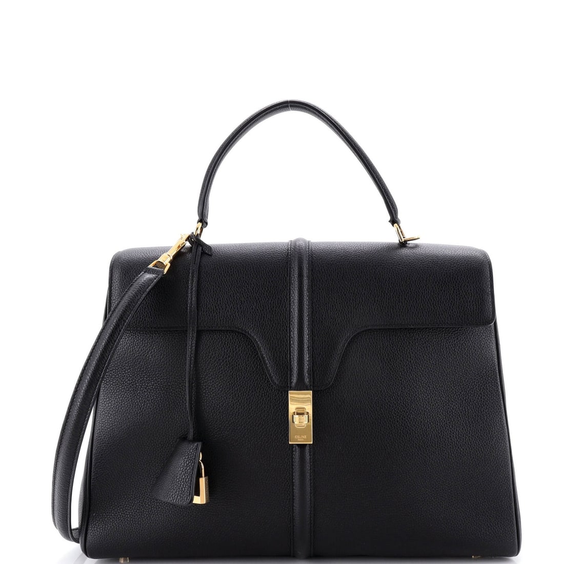 Celine 16 Top Handle Bag Grained Calfskin Medium: Celine 16 Top Handle Bag Grained Calfskin Medium Celine's 16 Top Handle Bag in Grained Calfskin Medium is a sleek and sophisticated shoulder bag with a classic design. Measuring 9" tall, 15" wide,