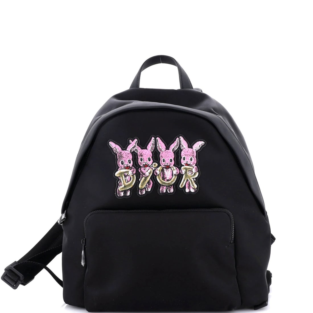 Nylon backpack medium with front zip pocket embroidered by Christian Dior: Nylon backpack medium with front zip pocket embroidered by Christian Dior Nylon backpack with medium size, black exterior, and interior. The front zip pocket features an embroidered design by