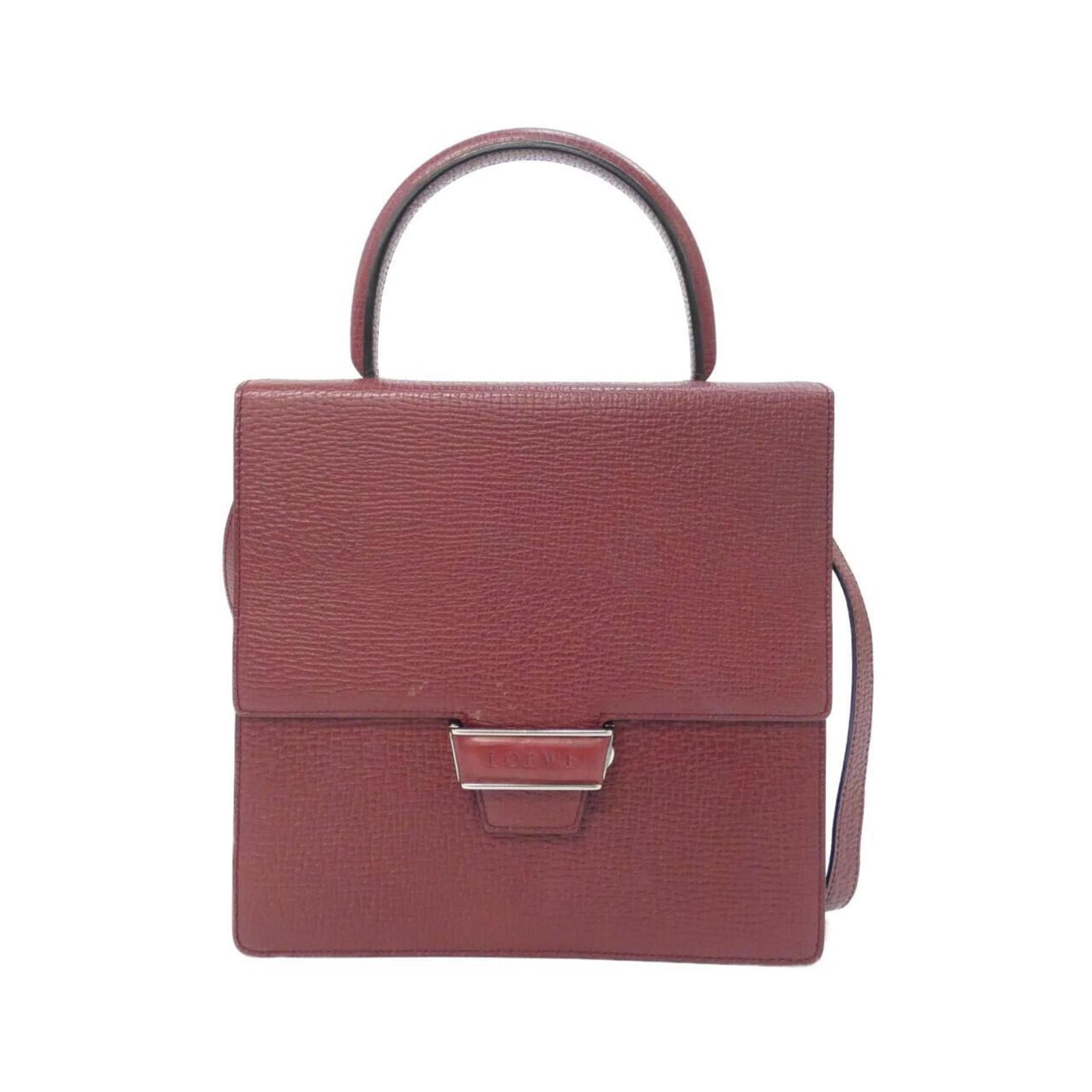 Handbag Leather from Loewe: Handbag Leather from Loewe Bordeaux leather handbag from Loewe, featuring silver hardware and a classic design. The bag has some scratches and dirt, but remains in very good condition with only a few