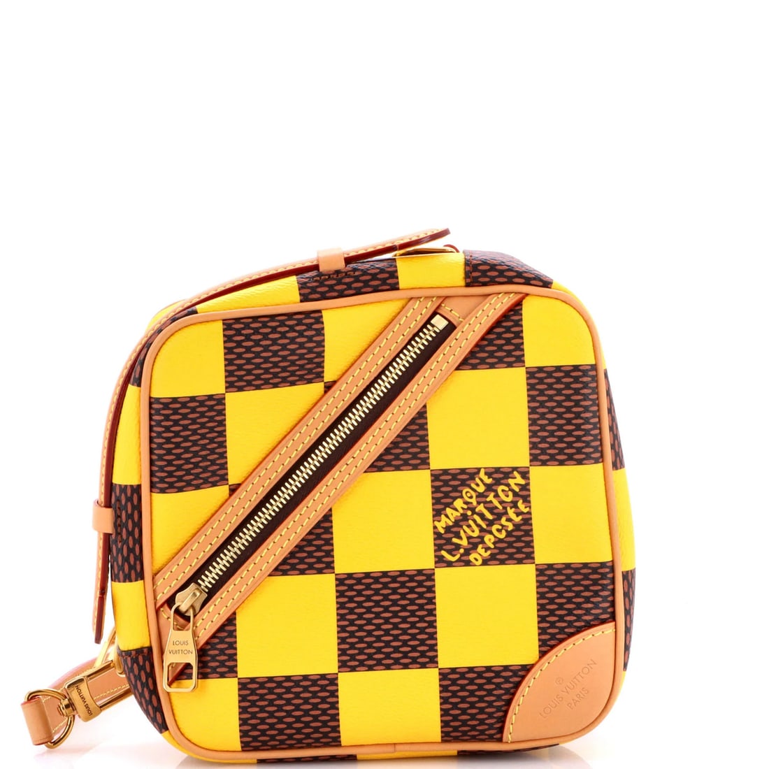 Damier Messenger Chess Vuitton Louis Pop: Damier Messenger Chess Vuitton Louis Pop Yellow Damier Pop Canvas Coated Louis Vuitton Chess Messenger Bag with minor creases, featuring gold hardware and a brown interior. Measuring 7.5" high x 7" wi