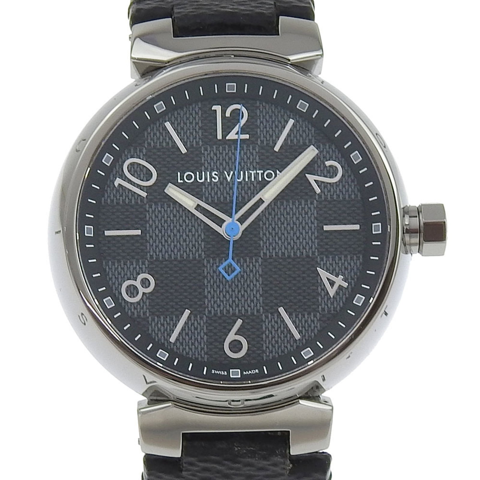 Louis Vuitton Wristwatch: Louis Vuitton Wristwatch Stainless steel case and leather band make for a sleek, timeless design. This Louis Vuitton wristwatch boasts a black dial with subtle signs of use, adding to its unique chara