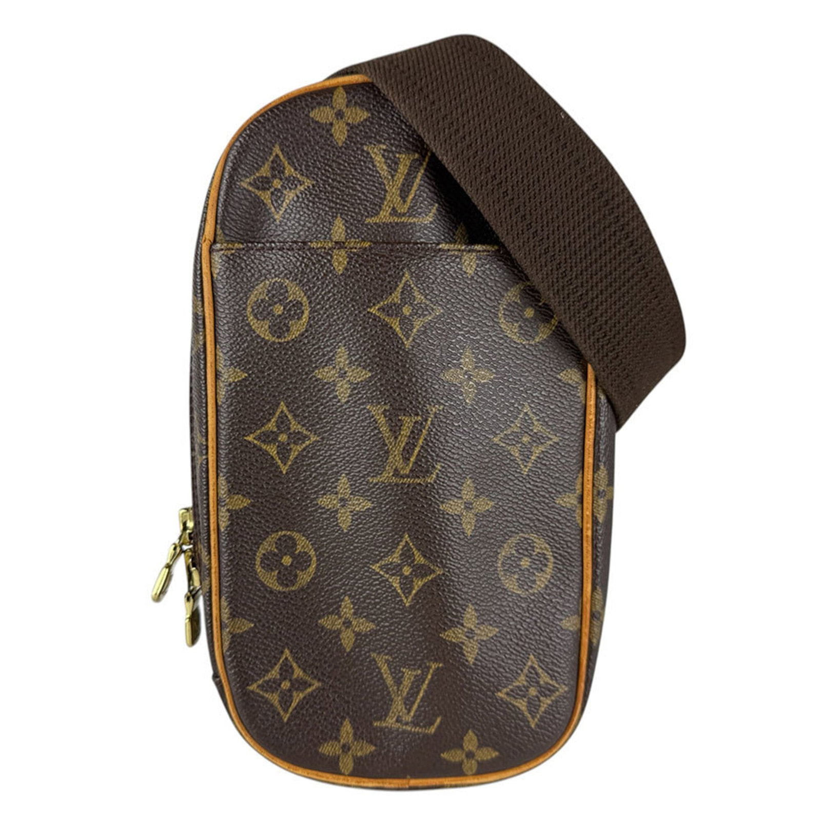 Monogram sling bag by Louis Vuitton: Monogram sling bag by Louis Vuitton Brown Monogram Sling Bag by Louis Vuitton. This pre-owned, used sling bag features the iconic monogram pattern in brown and measures 22cm x 12cm x 4cm. With traces 