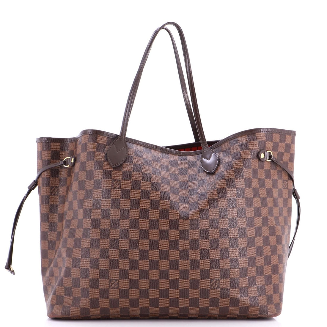 Damier Neverfull Tote by Louis Vuitton: Damier Neverfull Tote by Louis Vuitton The Damier Neverfull Tote by Louis Vuitton boasts its iconic canvas coated exterior in rich brown, complemented by vibrant red interior and gold hardware. With