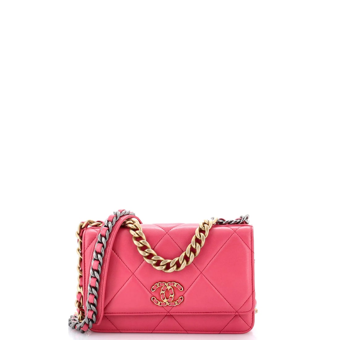 Chanel Wallet on Lambskin Quilted Chain: Chanel Wallet on Lambskin Quilted Chain Pink Chanel Wallet on Lambskin Quilted Chain, featuring quilted lambskin exterior and pink interior, with minor creases and scuffs. The wallet measures 5"