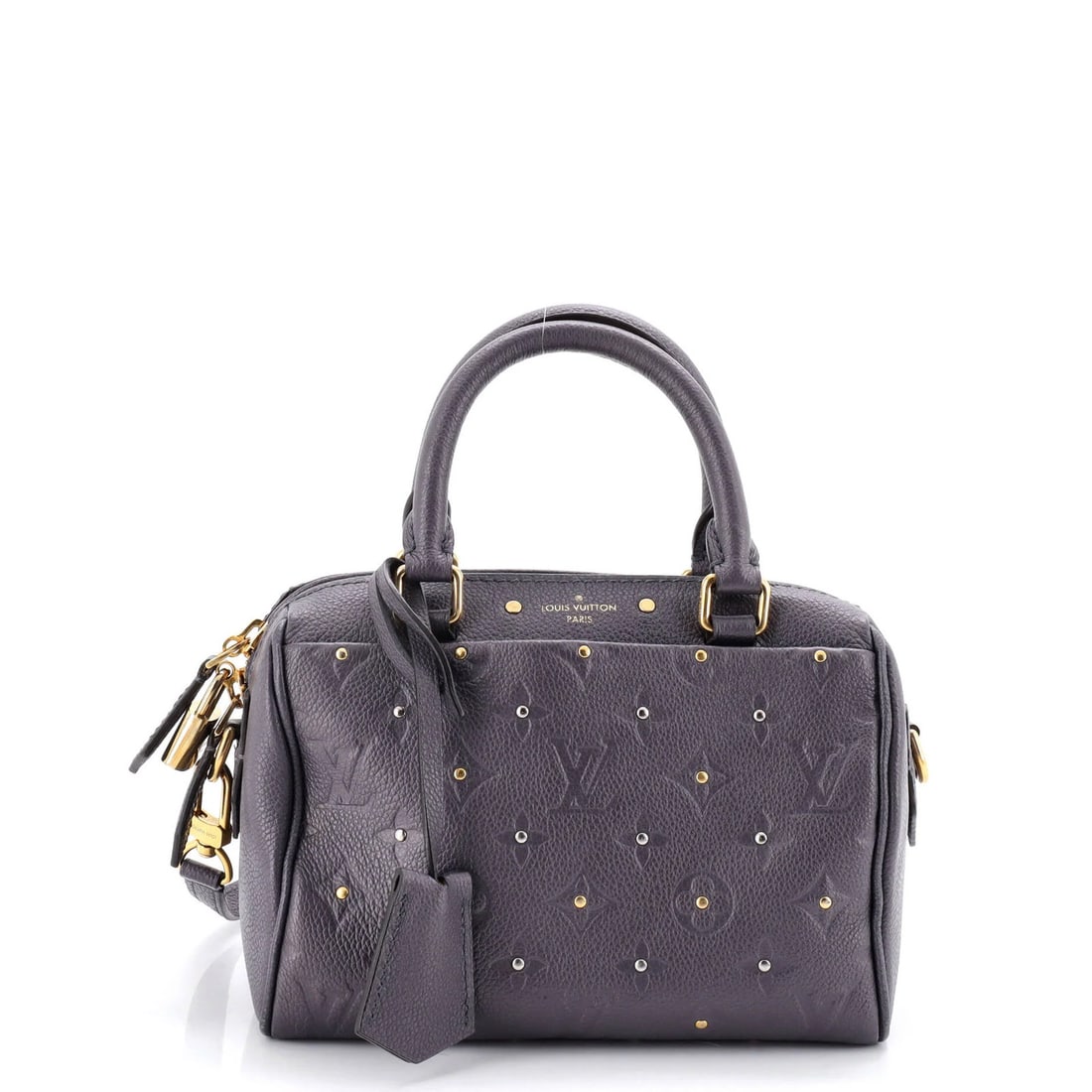 Louis Vuitton Speedy Bandouliere NM Bag Studded Monogram Empreinte Leather 20: Louis Vuitton Speedy Bandouliere NM Bag Studded Monogram Empreinte Leather 20 The Louis Vuitton Speedy Bandouliere NM Bag boasts a striking studded monogram Empreinte leather exterior in gray, adding