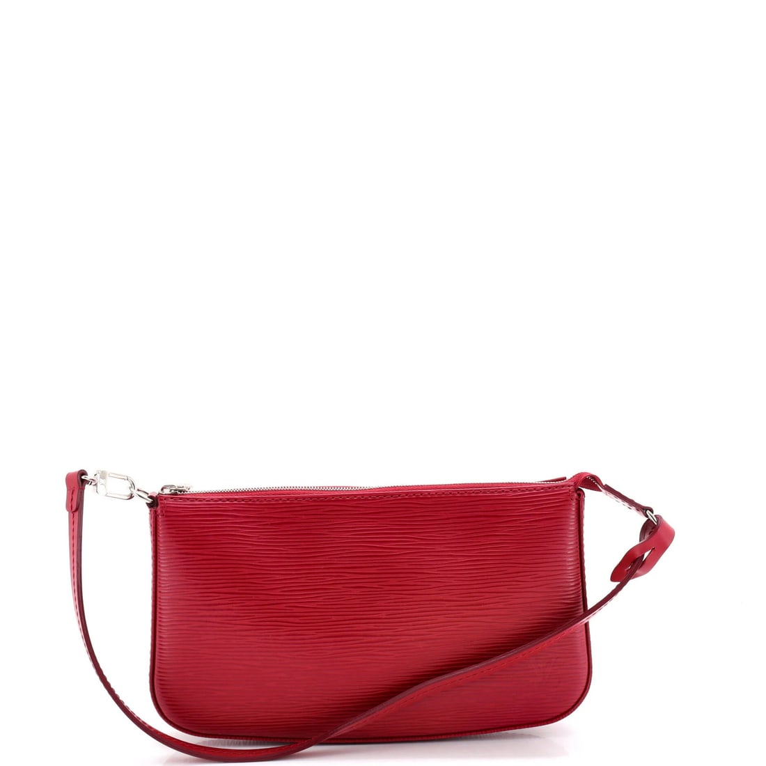 Louis Vuitton Pochette Accessoires NM Epi Leather: Louis Vuitton Pochette Accessoires NM Epi Leather Pink Louis Vuitton Pochette Accessoires NM Epi Leather Clutch with Silver Hardware, featuring scuffed exterior and minor creases. The interior is