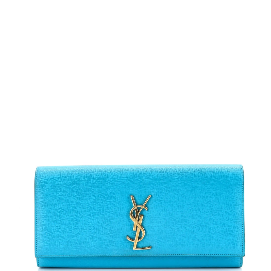 Classic Leather Monogram Clutch Saint Long: Classic Leather Monogram Clutch Saint Long The Saint Laurent Classic Leather Monogram Clutch Saint Long boasts a striking blue exterior with the iconic monogram pattern, perfectly balanced by the