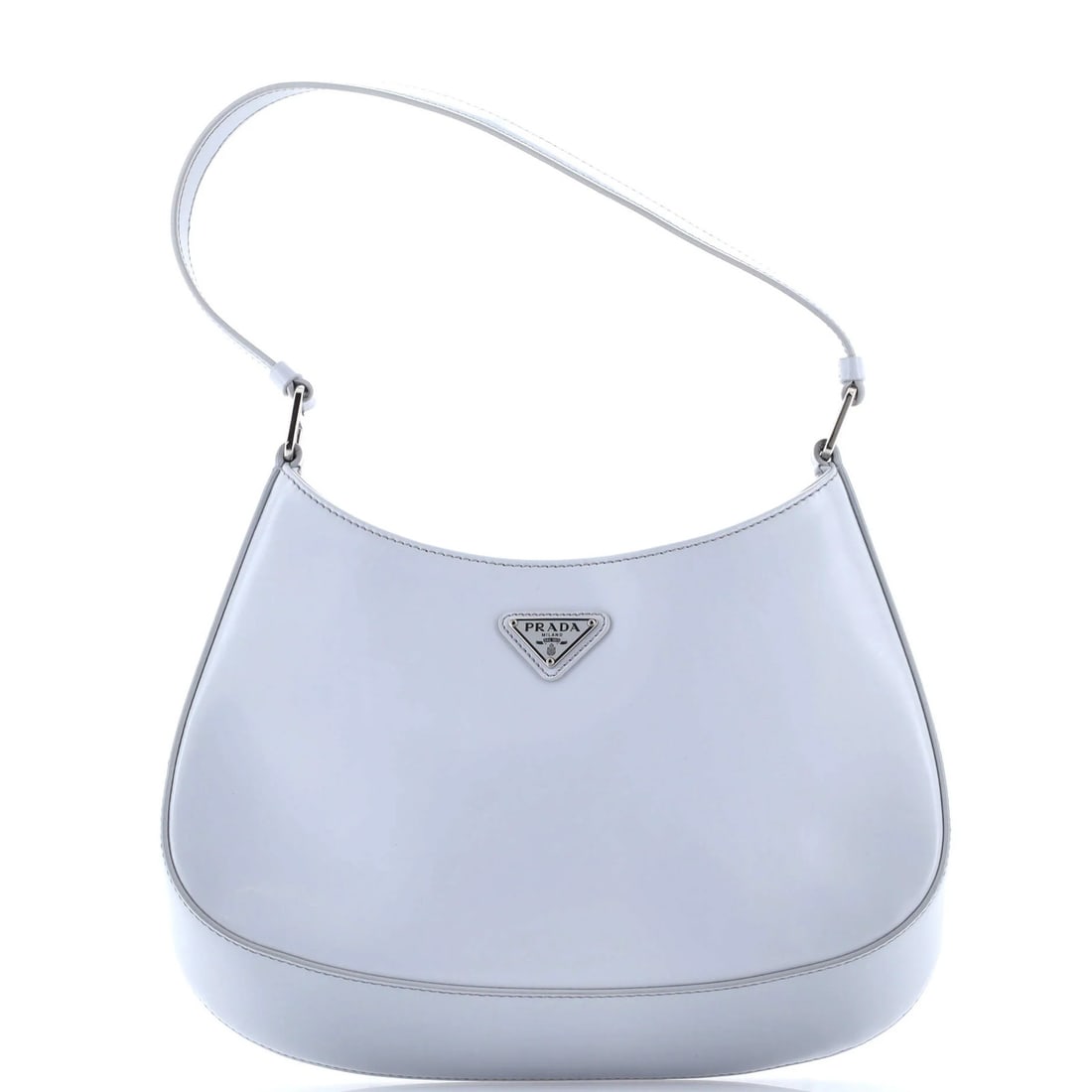 Prada Cleo Shoulder Bag Spazzolato Leather Medium: Prada Cleo Shoulder Bag Spazzolato Leather Medium The Prada Cleo Shoulder Bag Spazzolato Leather Medium boasts striking patent leather exterior in a sophisticated gray hue, complemented by sleek silve