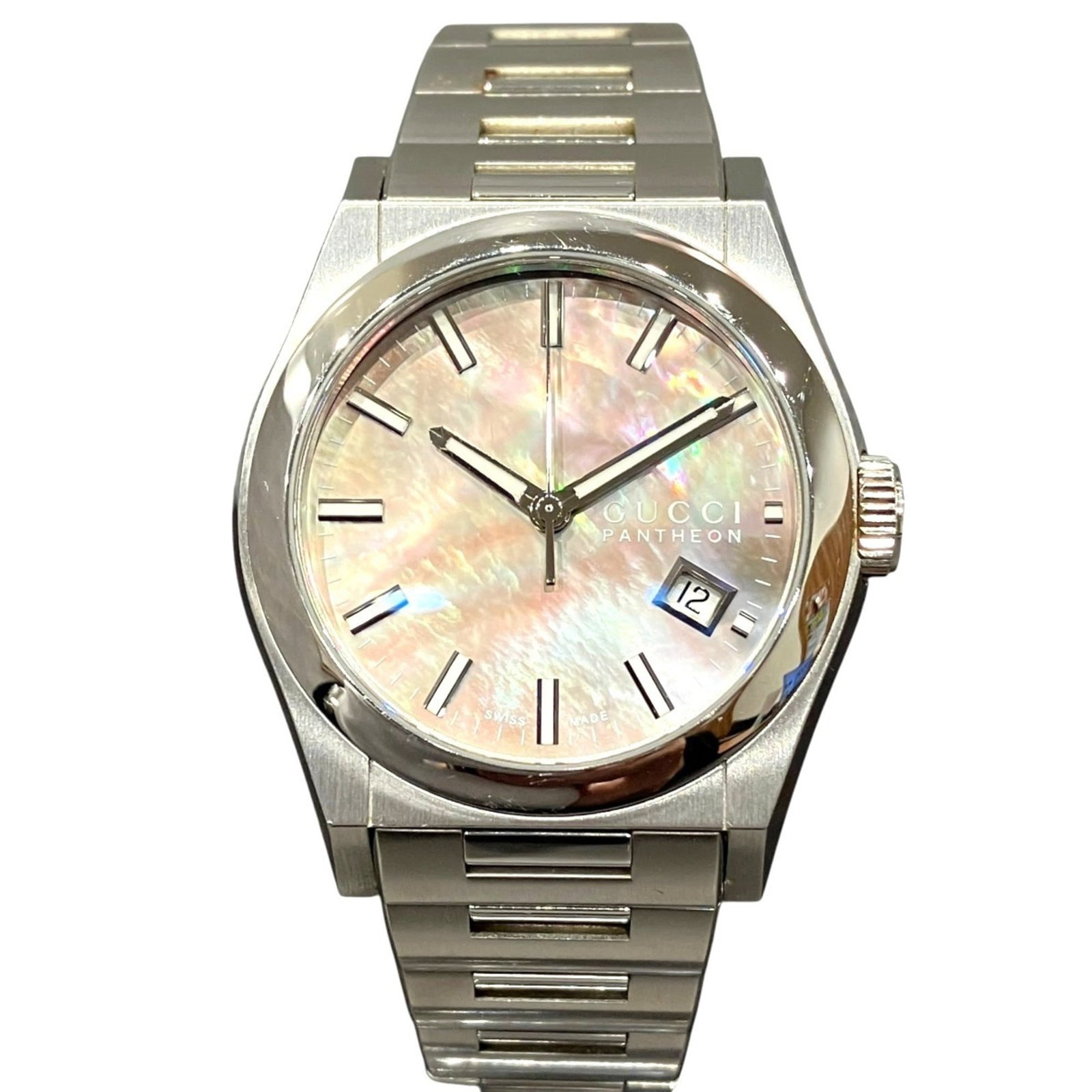 Wristwatch by Gucci: Wristwatch by Gucci Stainless steel case and band add a touch of modern sophistication to this Gucci wristwatch, featuring a sleek black dial. The 36mm diameter case fits comfortably on wrists up to
