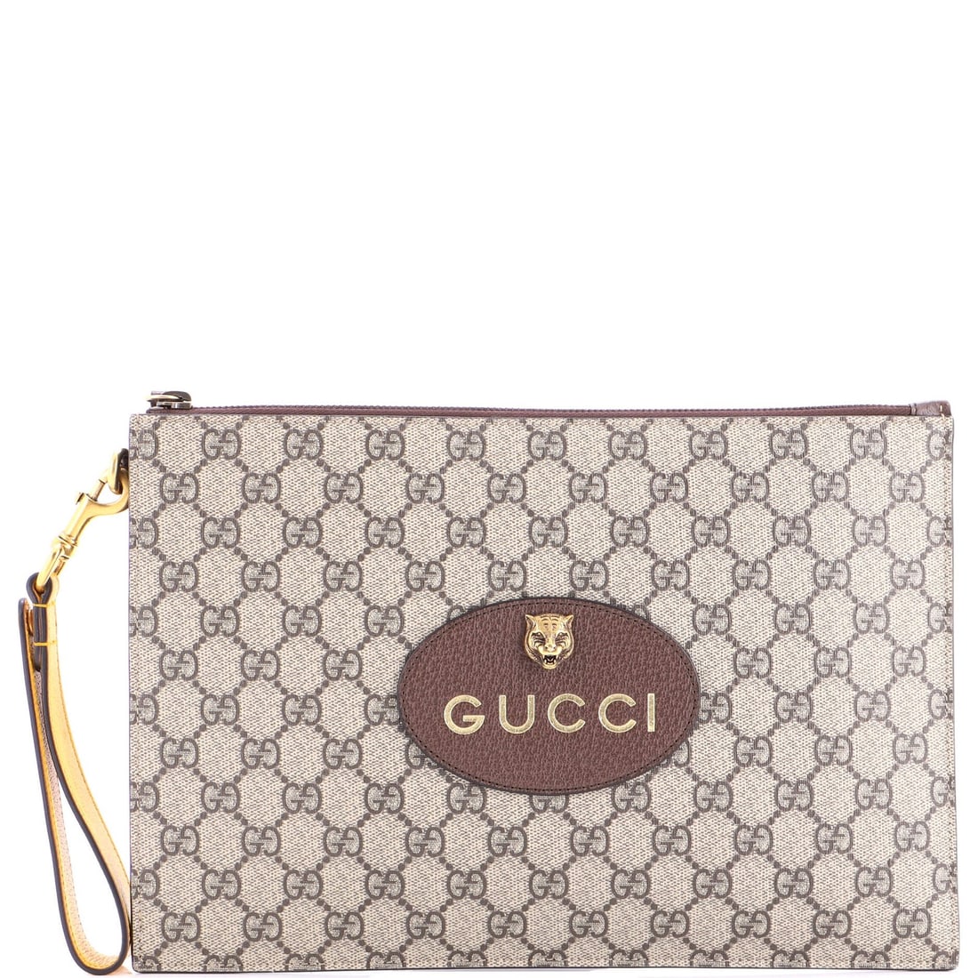 Gucci Neo Vintage Wristlet Pouch Coated Canvas GG: Gucci Neo Vintage Wristlet Pouch Coated Canvas GG The Gucci Neo Vintage Wristlet Pouch Coated Canvas GG boasts a timeless design with its classic brown exterior and neutral interior. Measuring 8" in h