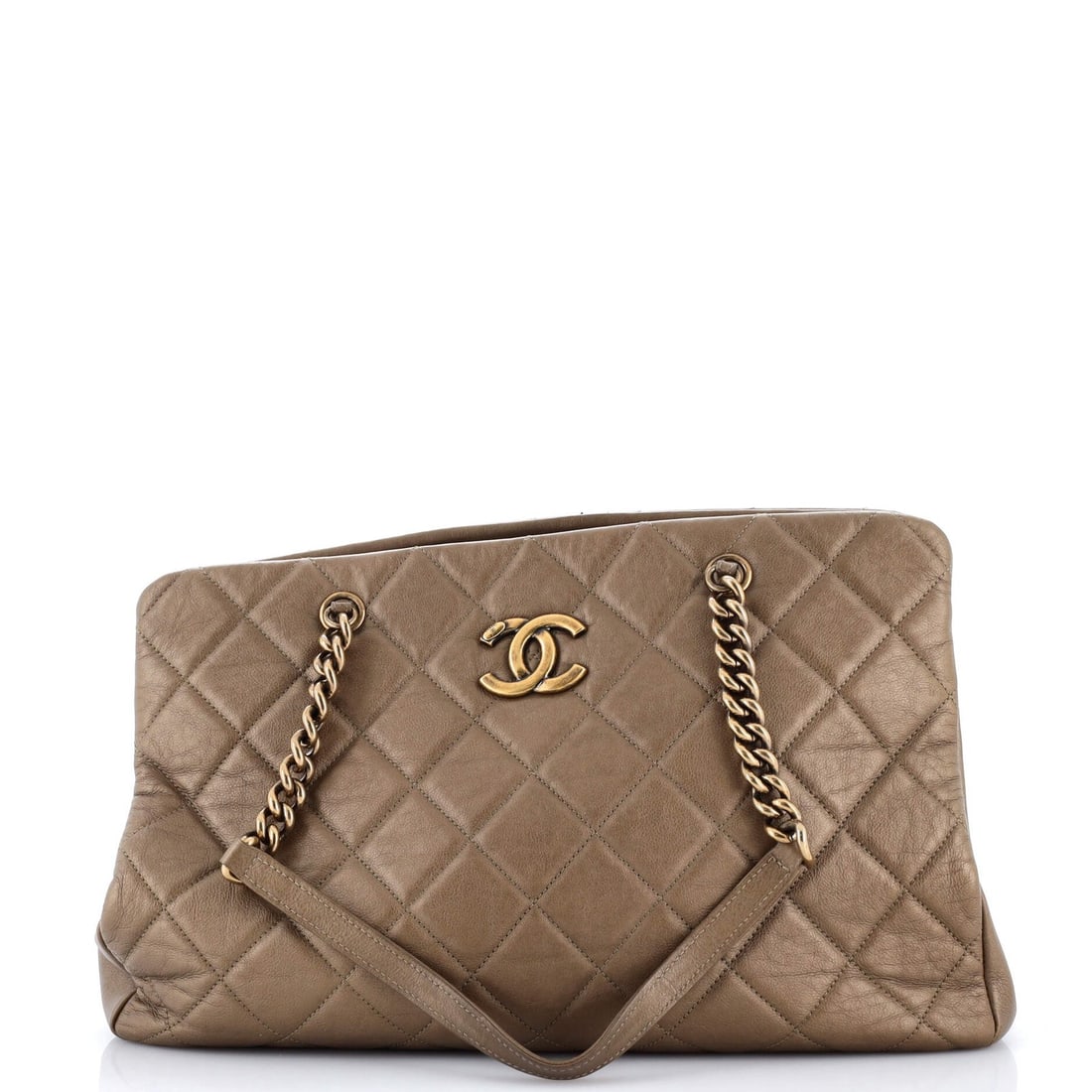 Crown Quilted Medium Tote Leather Chanel: Crown Quilted Medium Tote Leather Chanel Gold Crown Quilted Leather Medium Tote with Aged Gold Hardware, featuring a classic Chanel design and quilted leather exterior. Measuring 15" wide x 8" high x