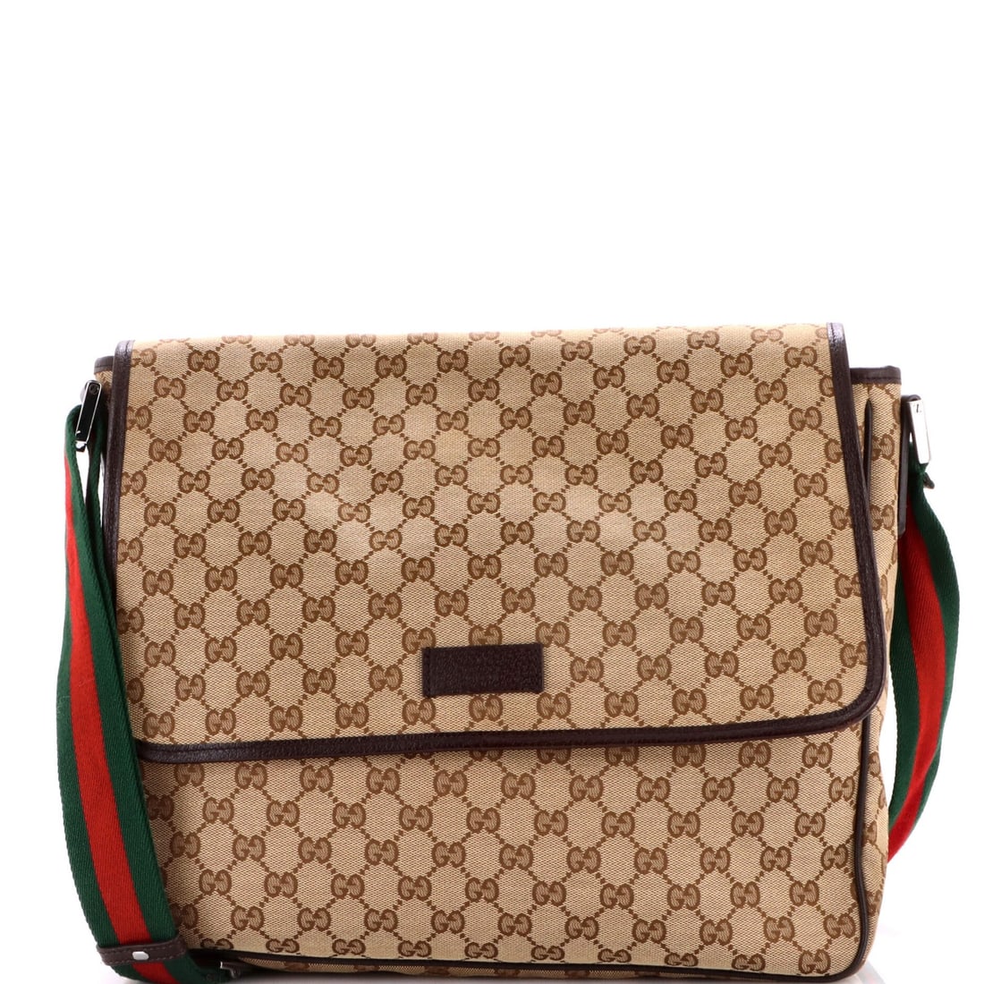 Gucci Web Strap Flap Medium Messenger Canvas: Gucci Web Strap Flap Medium Messenger Canvas Gucci Web Strap Flap Messenger Canvas, a stylish medium messenger bag with a classic design. Featuring a brown canvas exterior and silver hardware, this ba