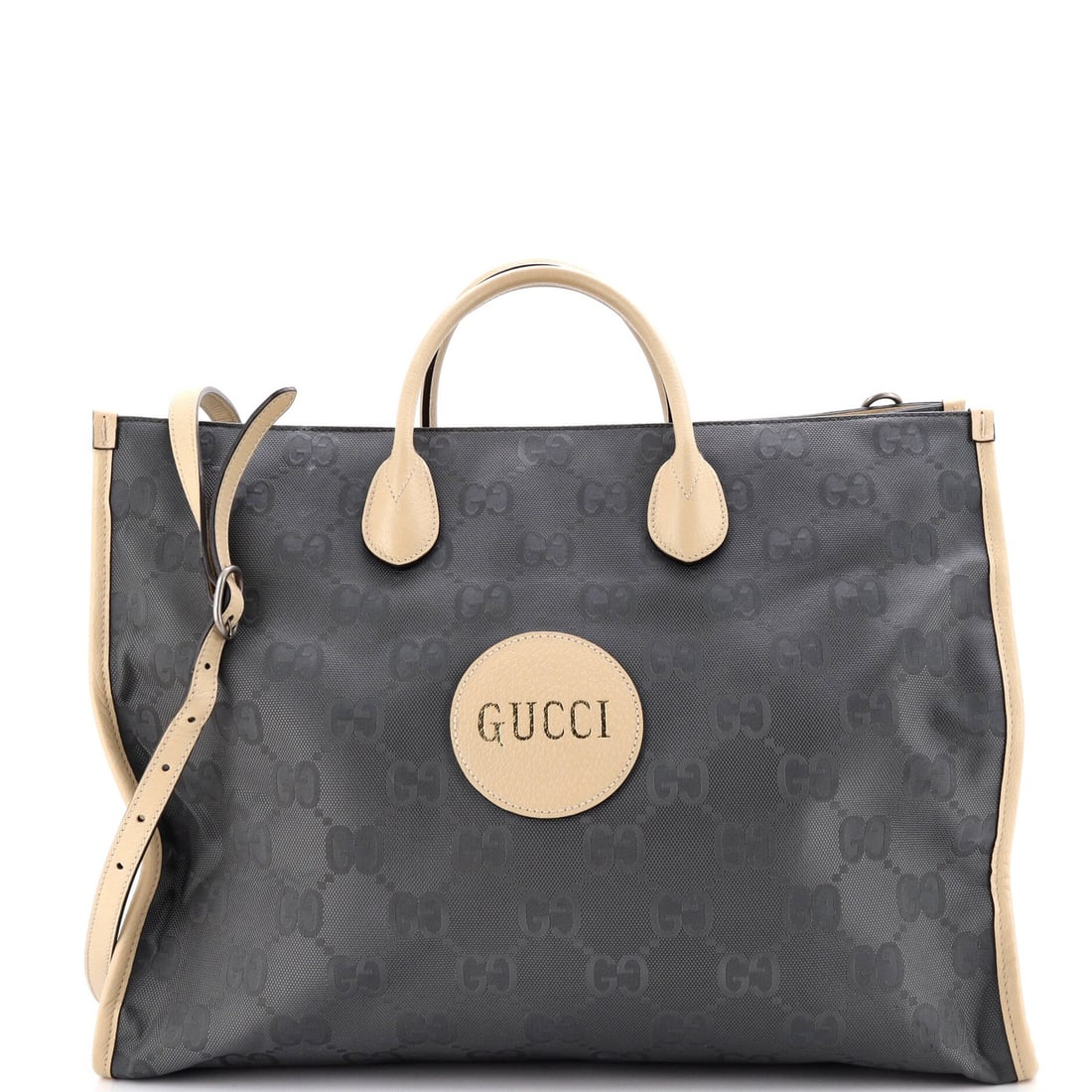 Gucci Off The Grid Tote GG Econyl Long: Gucci Off The Grid Tote GG Econyl Long Gucci's Off The Grid Tote GG Econyl Long boasts a neutral exterior with a mix of leather and nylon materials, adding an edgy touch to its design. Measuring 15"