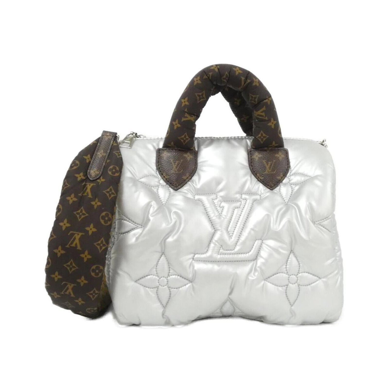 Boston Bag by Louis Vuitton: Boston Bag by Louis Vuitton The Louis Vuitton Boston Bag boasts its iconic metallic, metallic silver finish. Measuring 19cm x 25cm x 15cm, it offers a stylish and spacious design. In very good