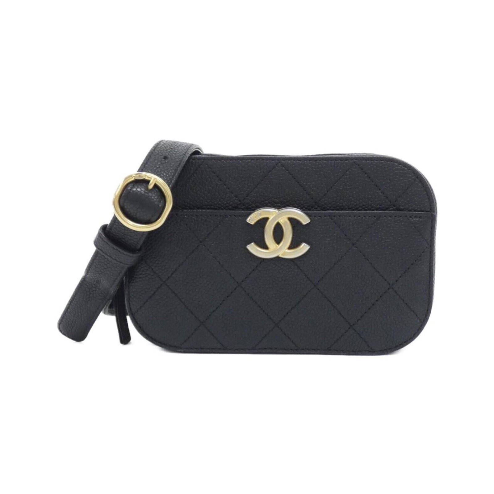 Calfskin Fanny Pack Chanel: Calfskin Fanny Pack Chanel This black Chanel fanny pack features high-quality grained calfskin and has a classic design. Made with durable materials, it retains its original condition despite some