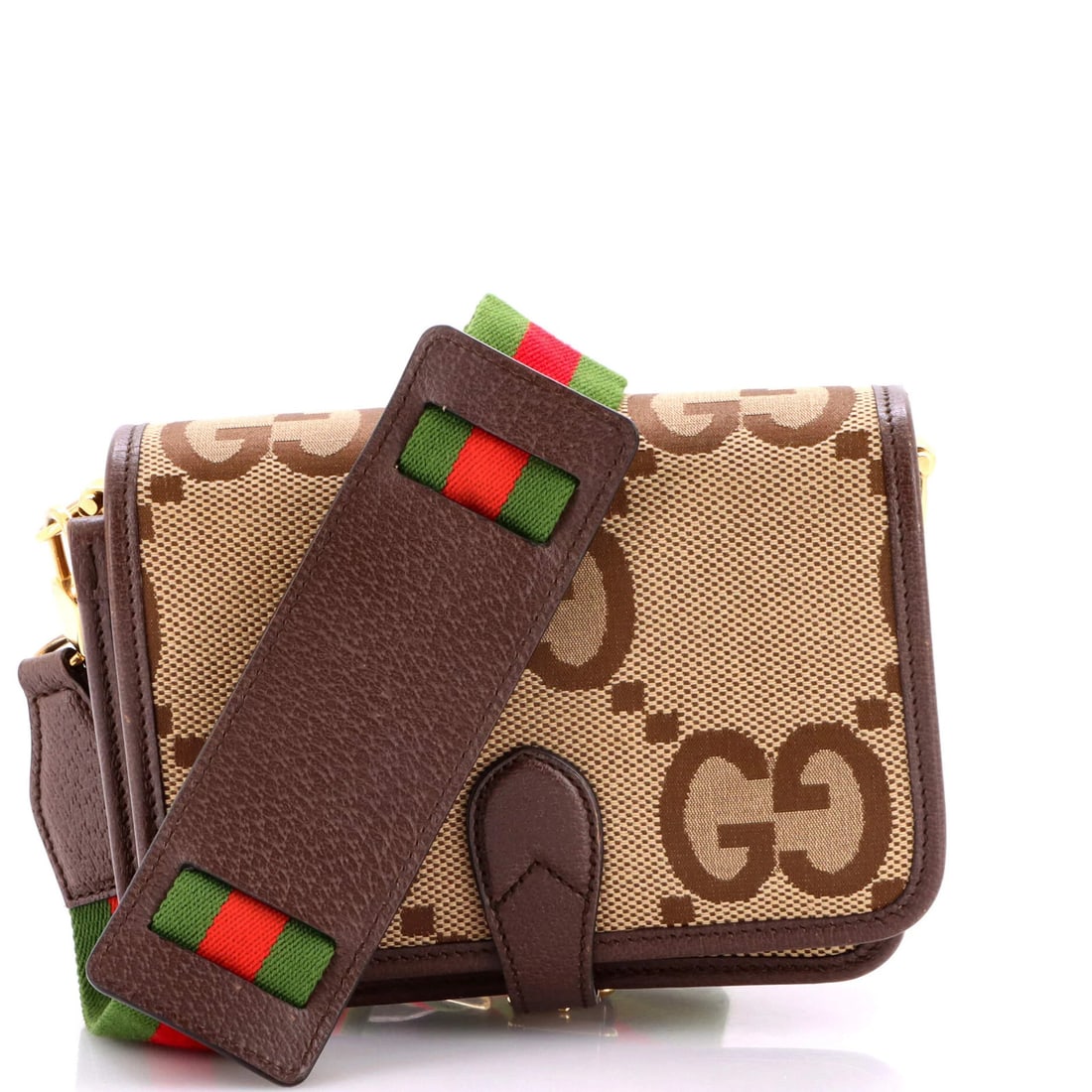 Buckle messenger bag gucci jumbo small GG canvas: Buckle messenger bag gucci jumbo small GG canvas Brown canvas Gucci jumbo small GG buckle messenger bag with gold hardware, featuring a classic cross-body design and neutral interior. The bag has
