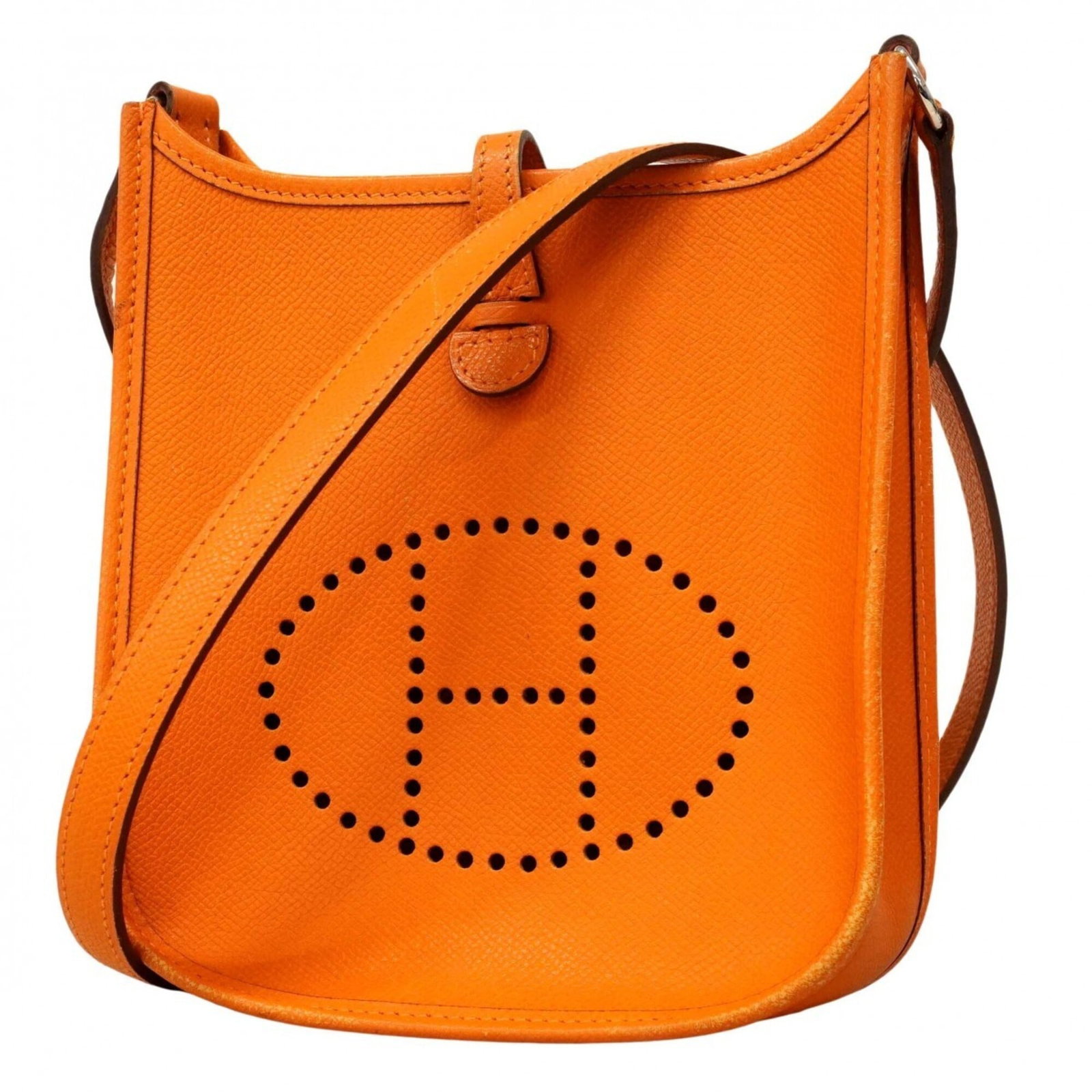 Epsom leather shoulder bag by Hermes: Epsom leather shoulder bag by Hermes Epsom leather shoulder bag by Hermes features vibrant orange Epsom leather and silver hardware. The bag's classic design showcases its high-quality construction,