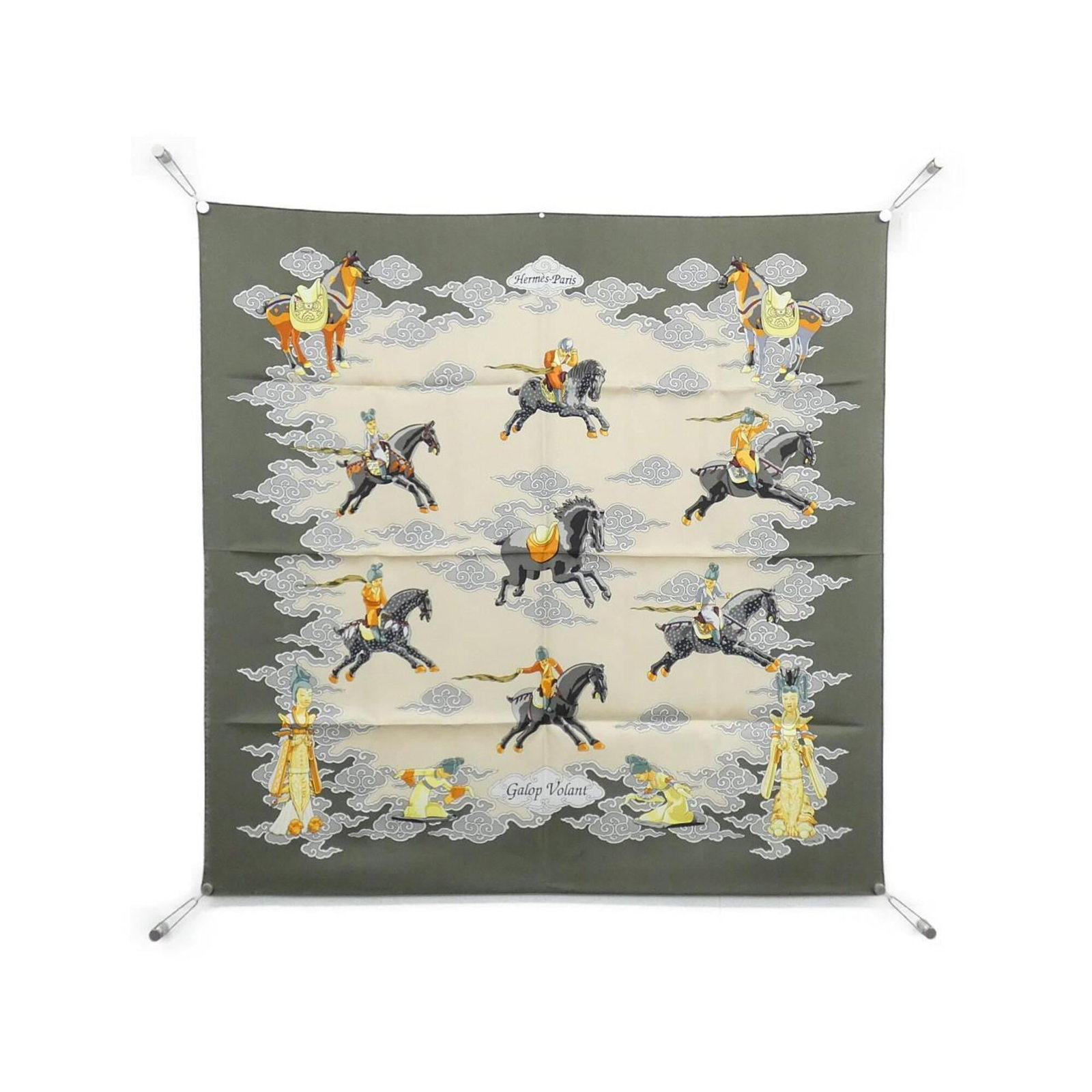 Silk scarf from Hermes: Silk scarf from Hermes Silk scarf from Hermes, featuring a timeless beige and green color combination. Made from high-quality silk, this 90cm x 90cm scarf boasts a classic design that exudes elegance.