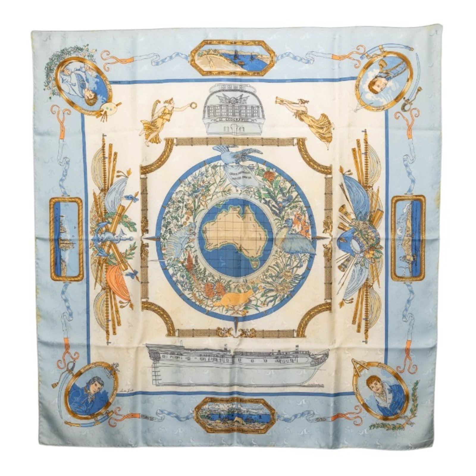Silk scarf from Hermes: Silk scarf from Hermes Light blue and multi-color silk scarf from renowned luxury brand Hermes, measuring 89cm x 87cm. The scarf bears traces of usage with minor scratches and dirt, but remains in goo