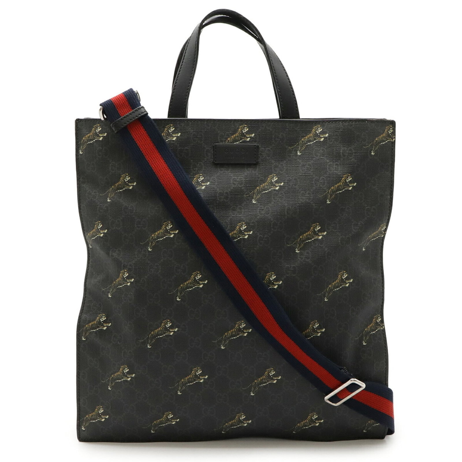 Gucci Supreme Gg Tote Bag: Gucci Supreme Gg Tote Bag Gucci Supreme Gg Tote Bag for sale, featuring the iconic GG Supreme design in black and dark gray hues. This used shoulder bag measures 37.5cm x 36cm x 8cm and shows signs