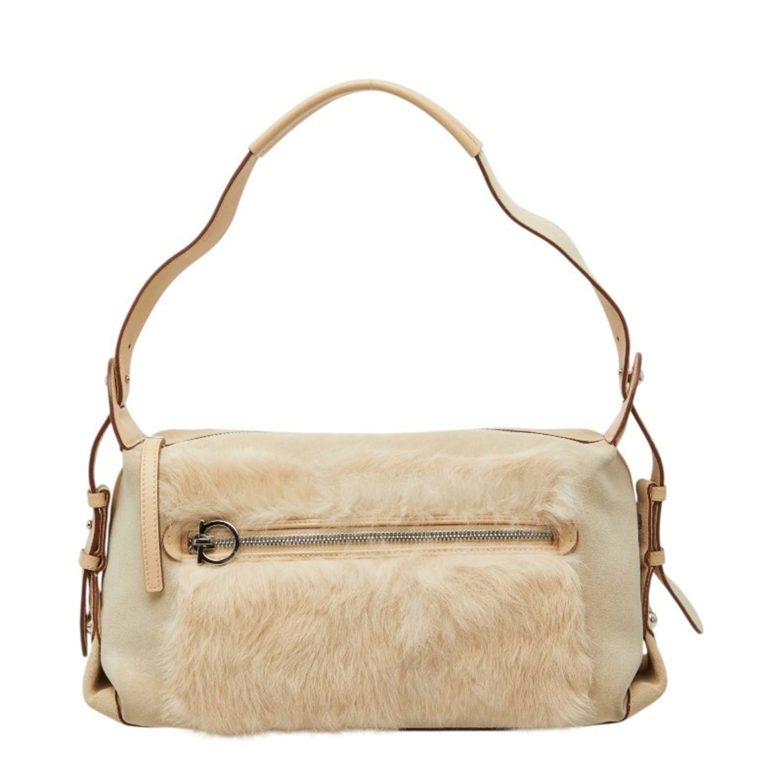 Fur Suede Shoulder Bag by Salvatore Ferragamo: Fur Suede Shoulder Bag by Salvatore Ferragamo Suede and fur come together in luxurious harmony within this ivory shoulder bag from Salvatore Ferragamo. Measuring 17cm x 33cm x 13cm, the bag's classic