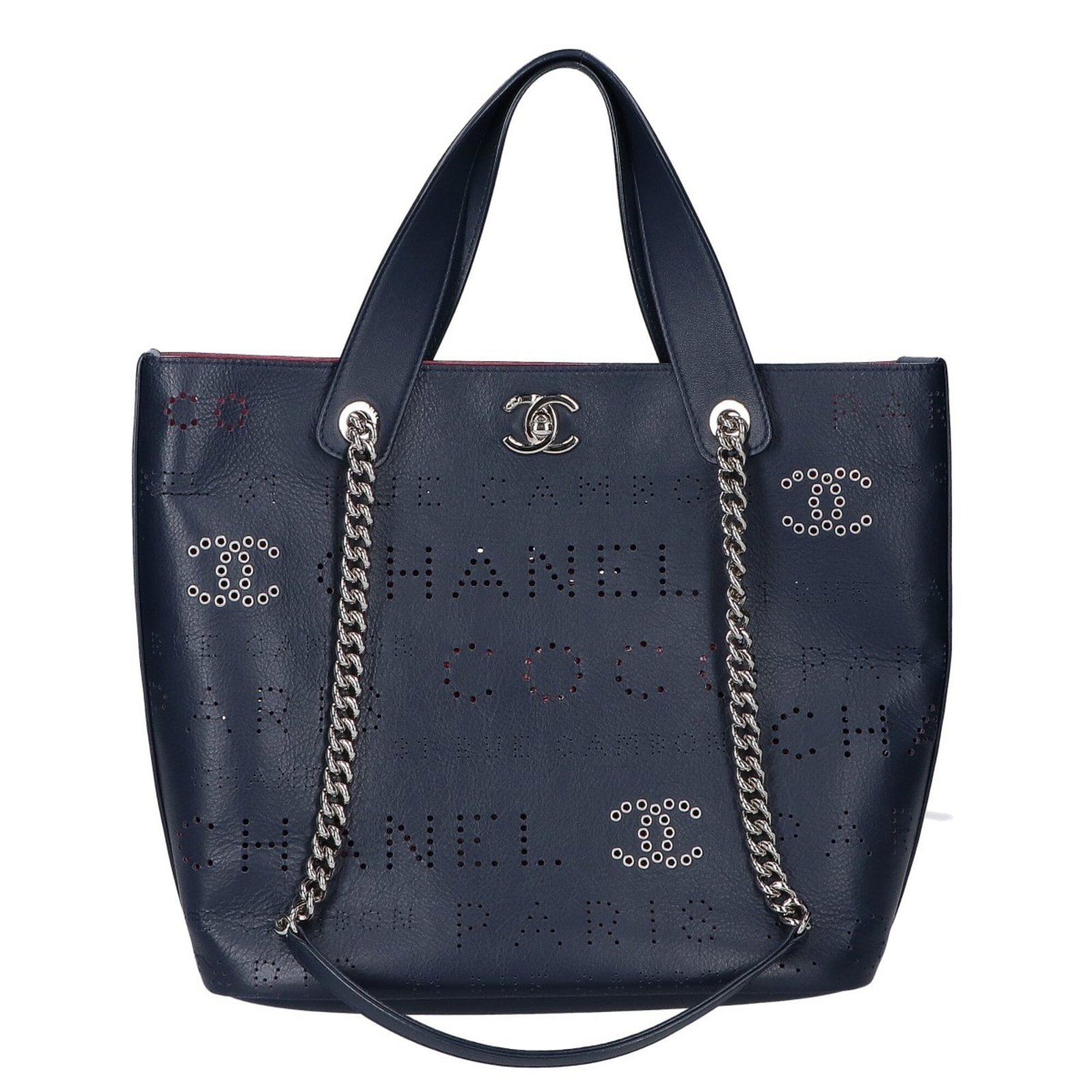 Chanel Handbag Leather: Chanel Handbag Leather Navy leather Chanel handbag with classic design, measuring 27cm x 28cm x 14cm. The bag features some scratches and dirt, but remains in very good condition overall. Its timeless