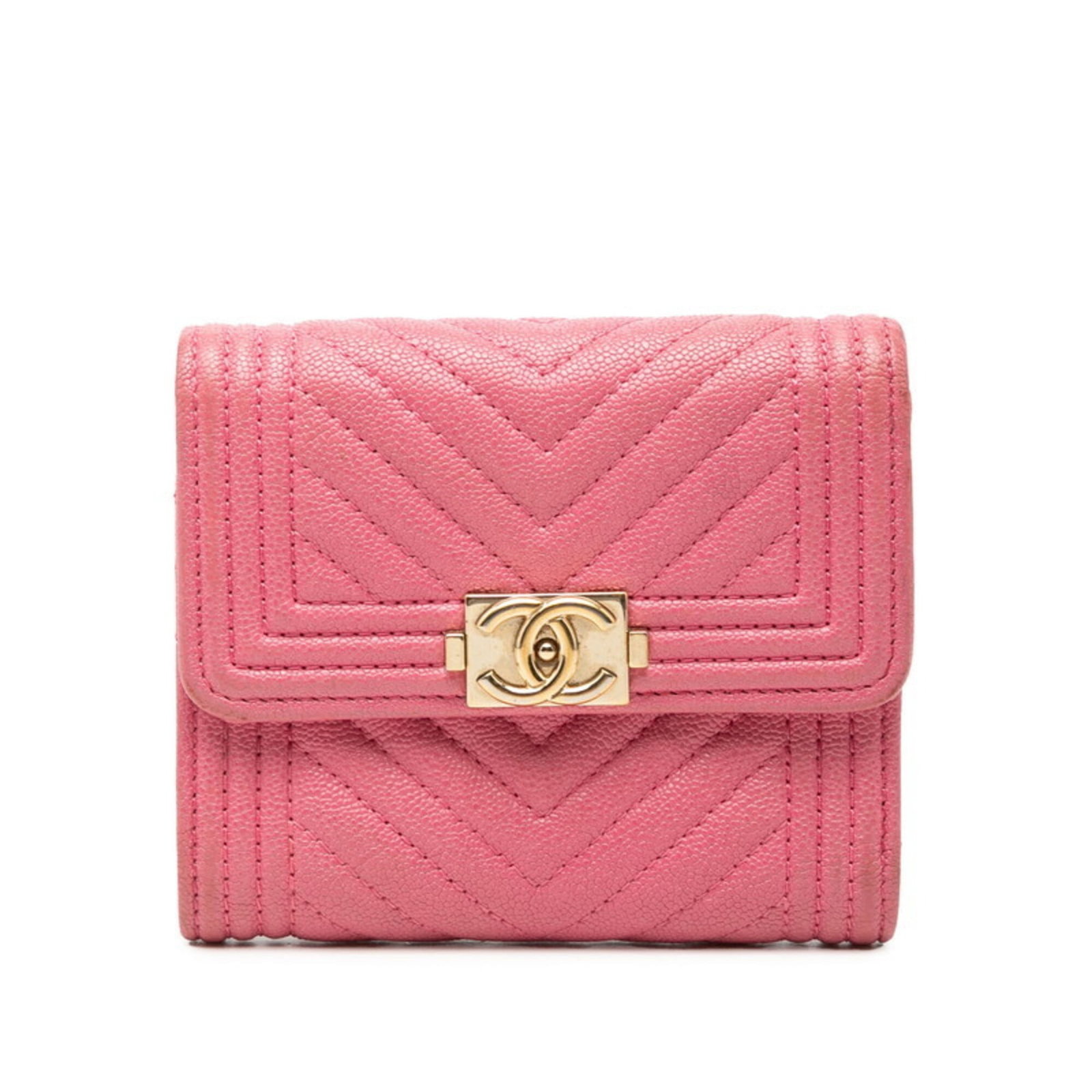 Calfskin Tri Fold Wallet Grained: Calfskin Tri Fold Wallet Grained Pink Grained Calfskin Tri Fold Wallet with Traces of Usage. This Chanel wallet features a tri-fold design made from high-quality, grained calfskin and measures 9cm x