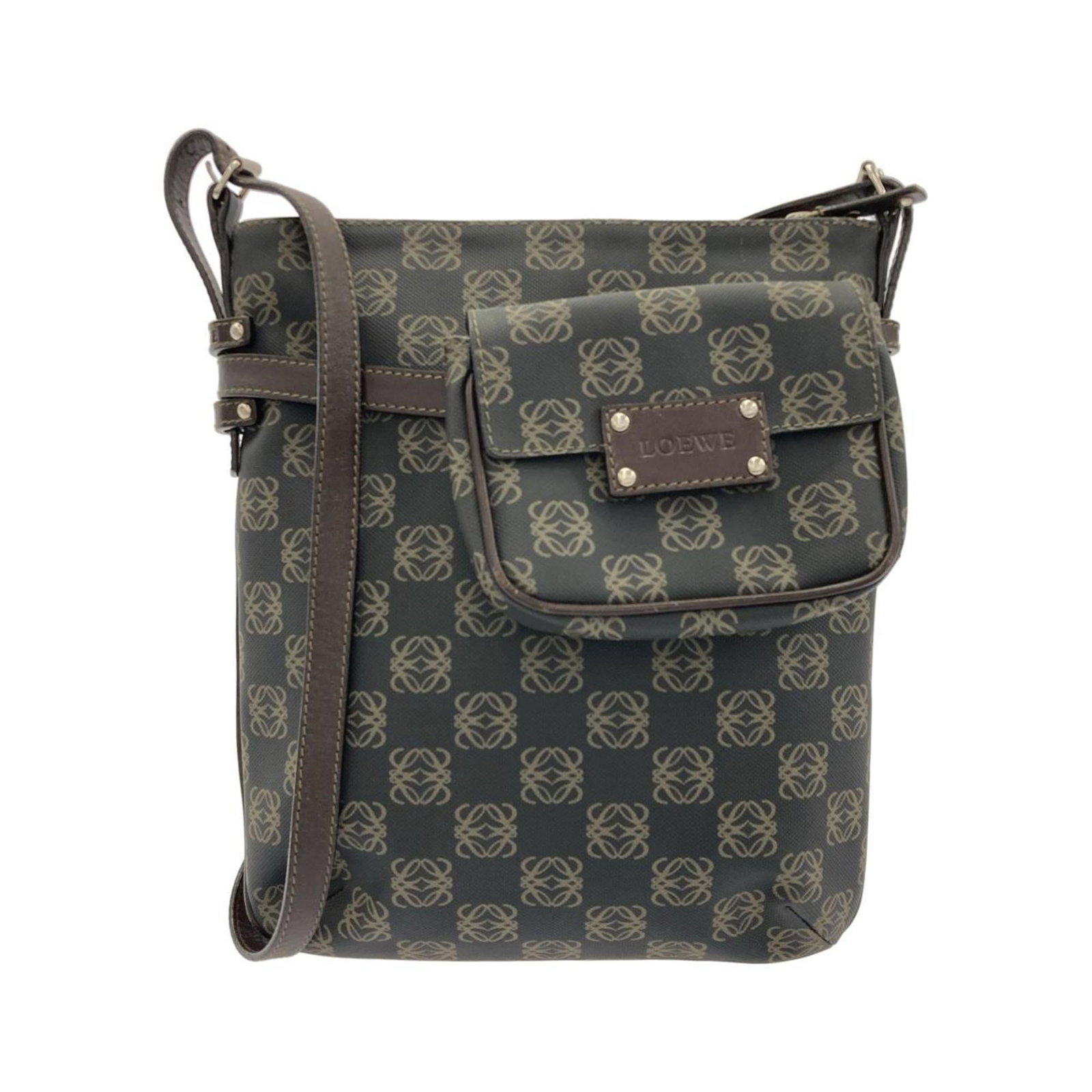 PVC shoulder bag by loewe pouch: PVC shoulder bag by loewe pouch This Loewe PVC shoulder bag features a sleek, brown design with silver hardware. Made from durable PVC material, it boasts a compact size and sturdy construction. With