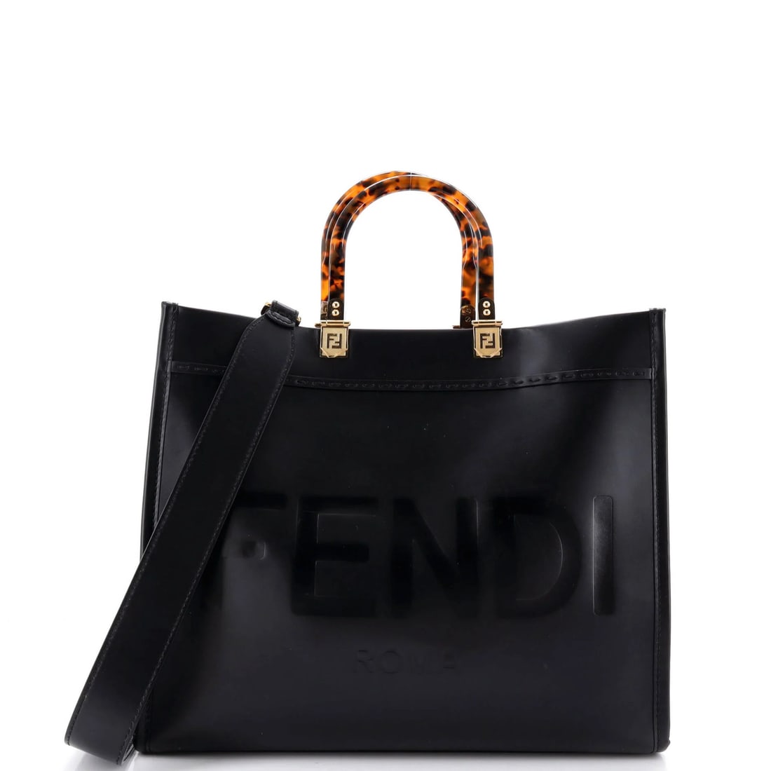 Fendi Sunshine Shopper Tote Leather Medium: Fendi Sunshine Shopper Tote Leather Medium The Fendi Sunshine Shopper Tote Leather Medium boasts sleek black leather exterior with gold hardware, complemented by a spacious interior featuring