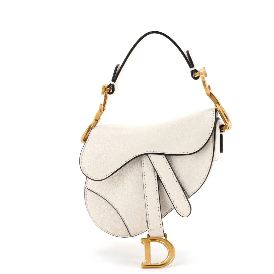 Christian Dior Saddle Handbag with Strap Leather Micro: Christian Dior Saddle Handbag with Strap Leather Micro White Christian Dior Saddle Handbag with Strap Leather Micro features a classic design and premium leather exterior. The bag measures 5" in