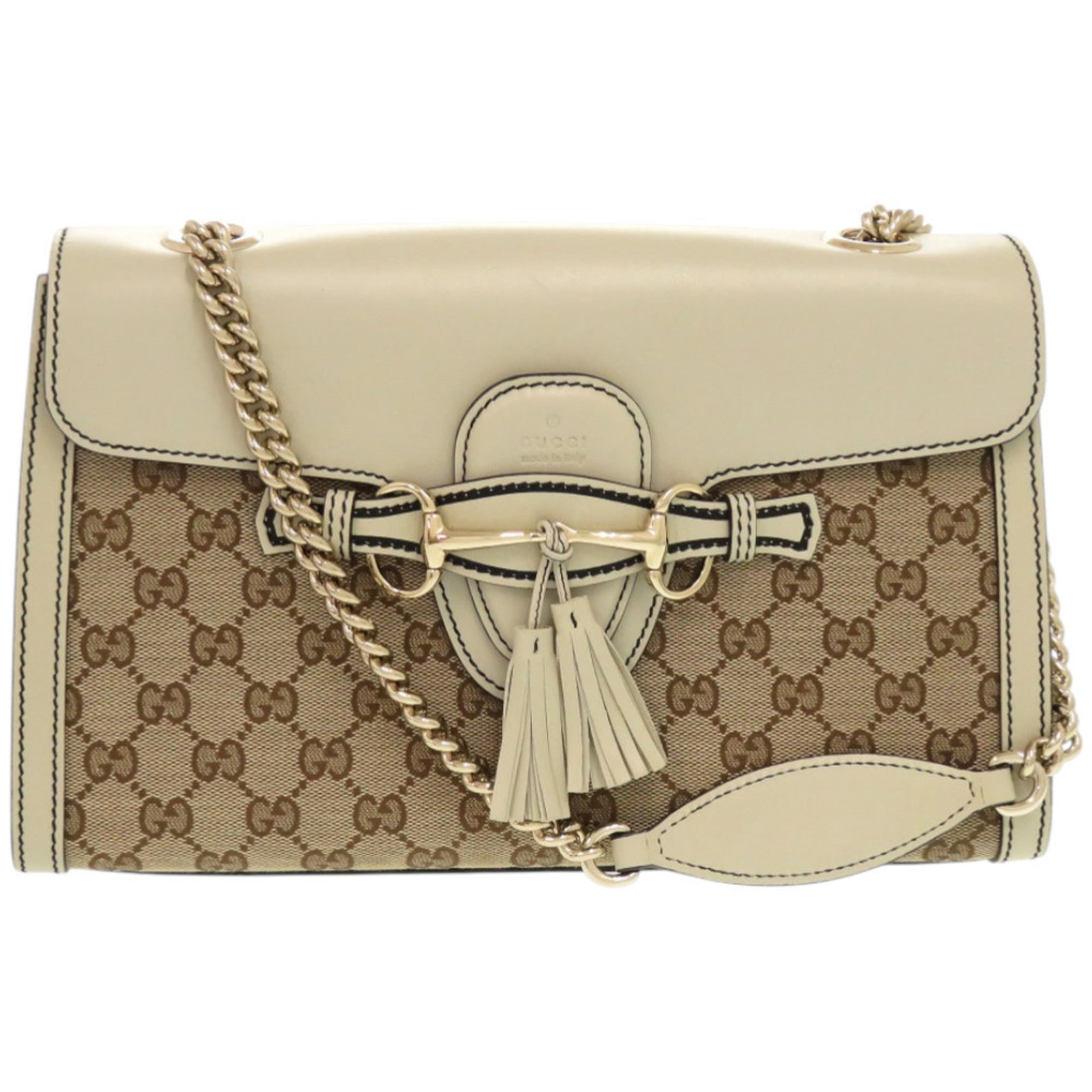 Canvas leather shoulder bag by Gucci: Canvas leather shoulder bag by Gucci Canvas leather shoulder bag by Gucci, featuring a unique combination of Gg Canvas and high-quality leather in beige and white hues. This stylish bag measures 19cm