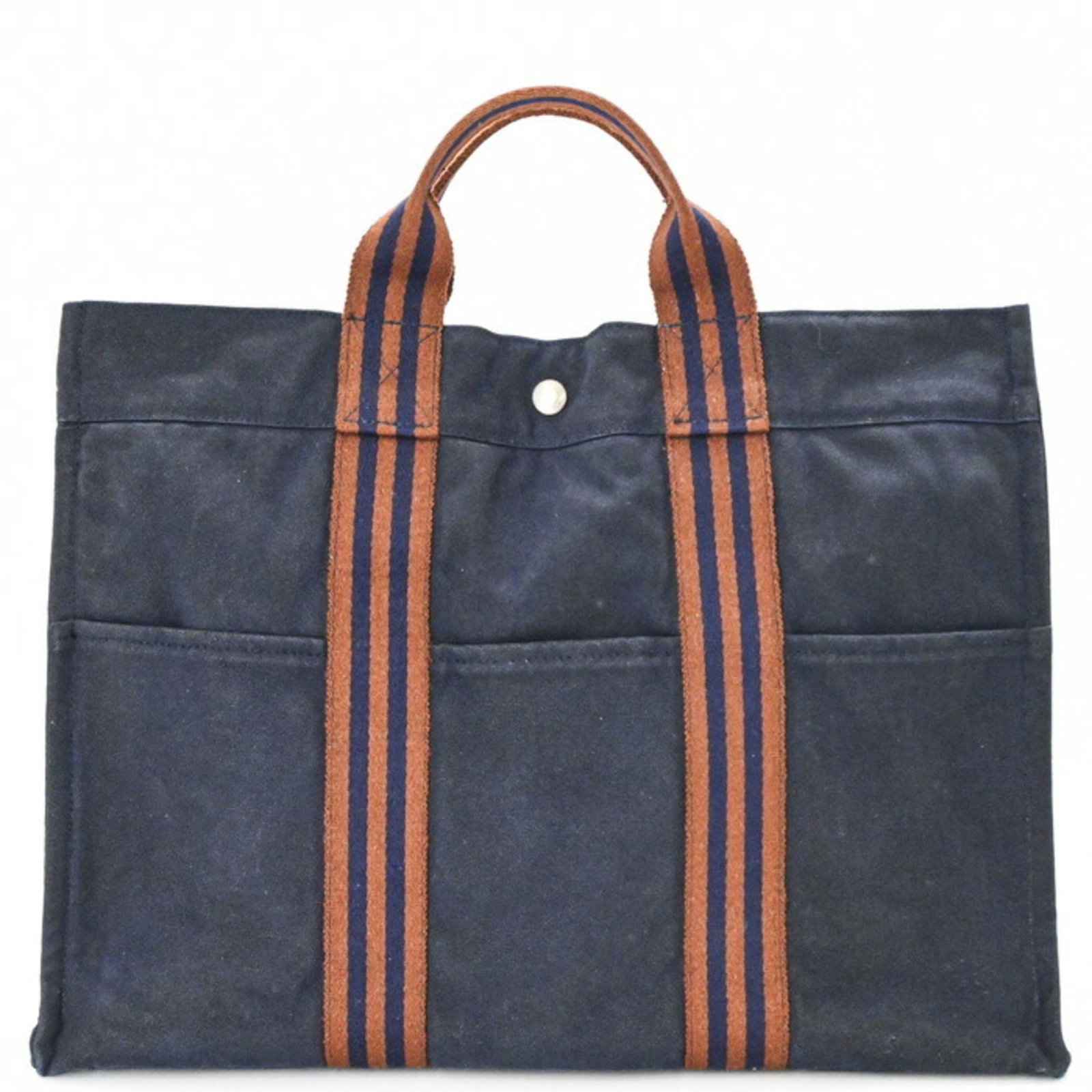 Handbag Tote Bag Canvas Handbag: Handbag Tote Bag Canvas Handbag Canvas Handbag in Brown and Navy, 30.5cm x 42cm x 10.5cm, with traces of usage and minor scratches. This used tote bag features a classic design and durable canvas mate