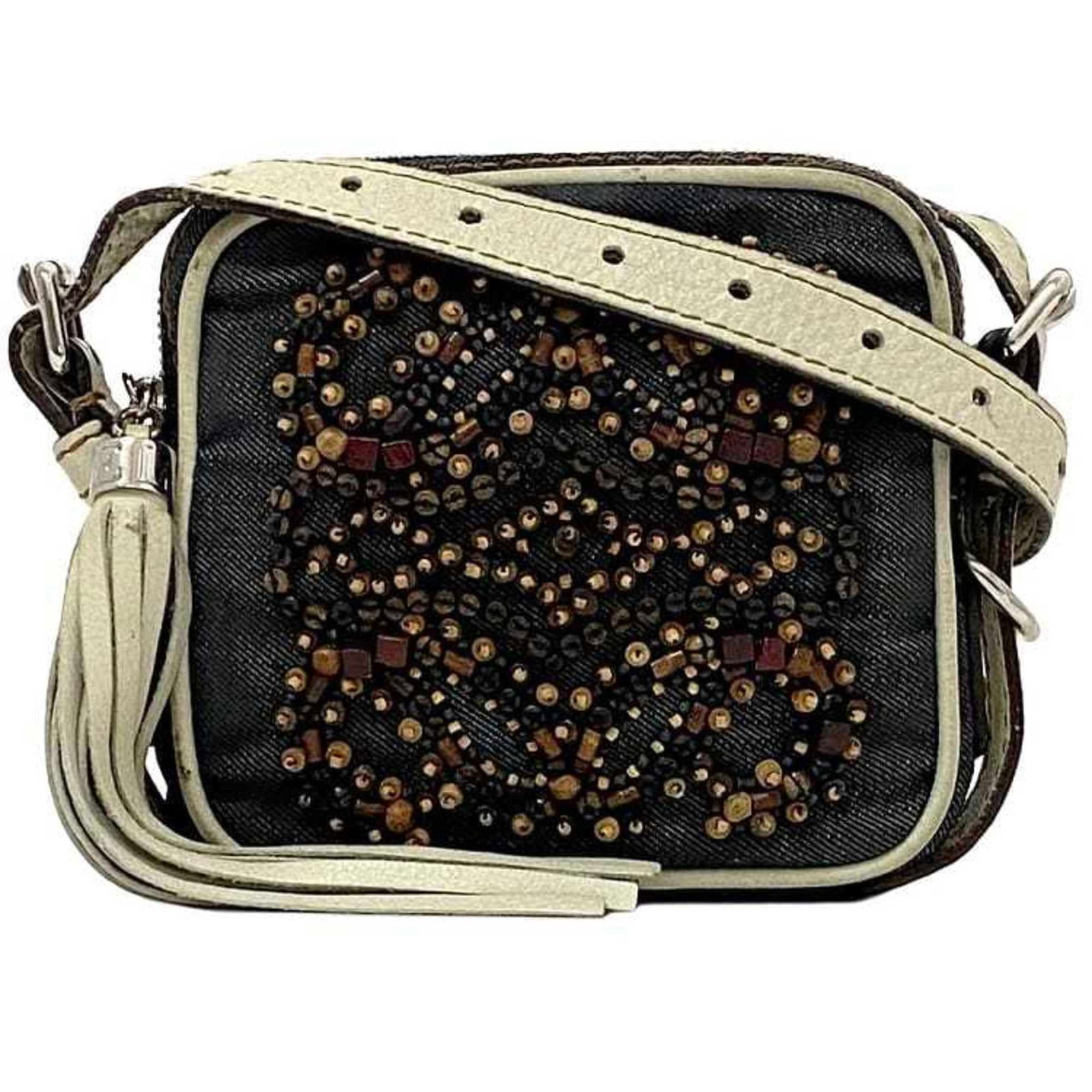 Loewe Pochette Shoulder Bag Denim Canvas Leather Wood Beads: Loewe Pochette Shoulder Bag Denim Canvas Leather Wood Beads Navy, white, and wood come together in this unique Loewe Pochette Shoulder Bag, featuring denim canvas leather and adorned with wooden beads