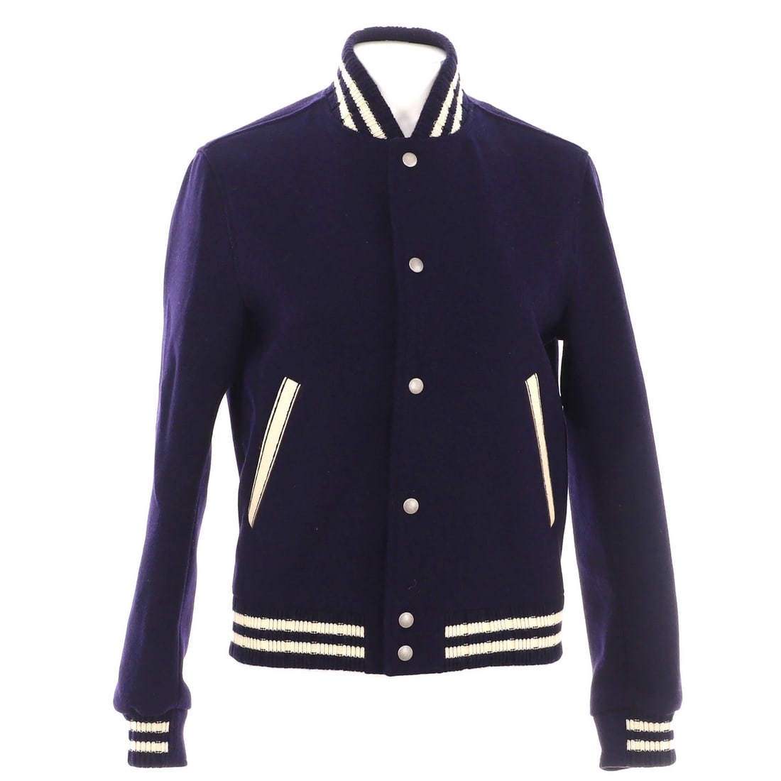 Women's Logo Wool Blend Bomber Jacket By Saint Laurent: Women's Logo Wool Blend Bomber Jacket By Saint Laurent Women's Logo Wool Blend Bomber Jacket By Saint Laurent. This blue, neutral-toned bomber jacket features a wool blend exterior and cotton interior