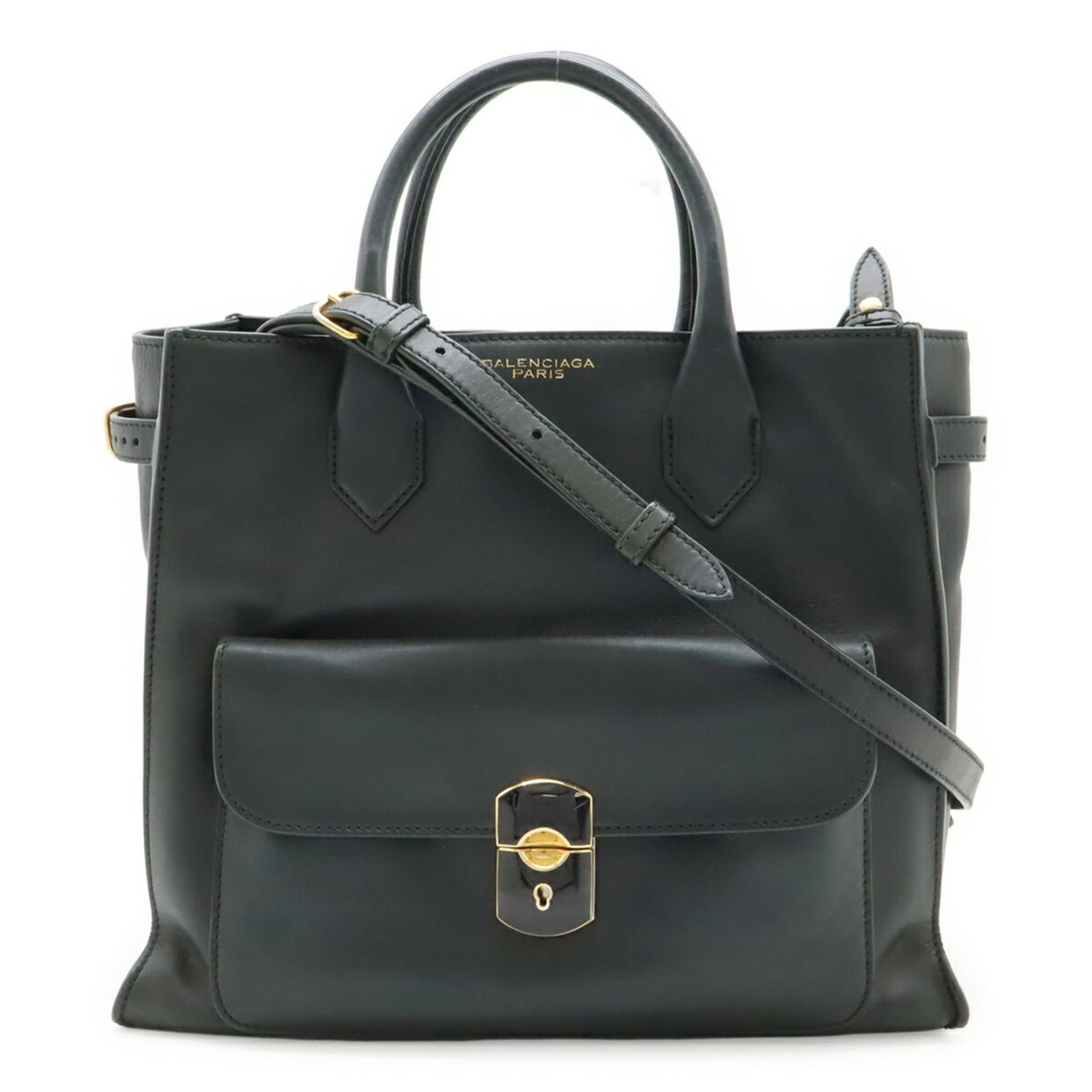 Balenciaga Handbag Shoulder Bag Leather: Balenciaga Handbag Shoulder Bag Leather Dark green leather Balenciaga shoulder bag with a classic design and subtle scratches from previous use. Measuring 23.5cm x 28cm x 12cm, it offers a stylish