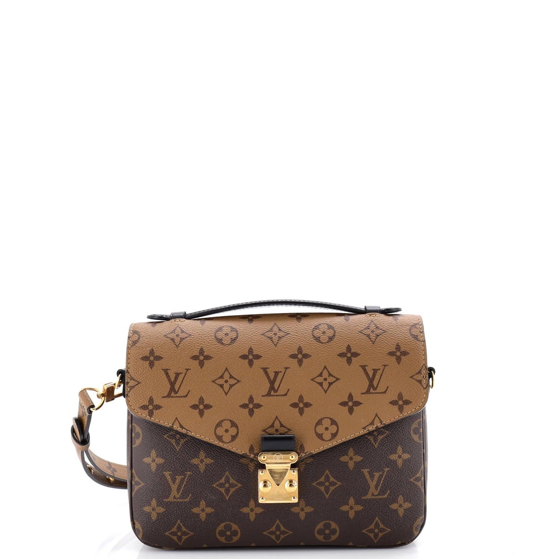 Monogram Canvas Reverse Louis Vuitton Pochette: Monogram Canvas Reverse Louis Vuitton Pochette Brown Monogram Canvas Reverse Louis Vuitton Pochette with minor scuffs and edge wear, featuring a cross body design with gold hardware and microfiber int