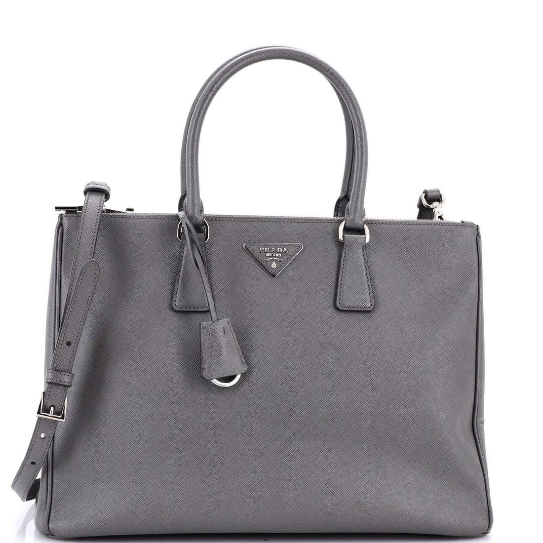 Saffiano leather large double zip tote Prada Galleria: Saffiano leather large double zip tote Prada Galleria Saffiano leather, the signature material of Prada's Galleria double zip tote, provides durability and style. This large tote features a gray
