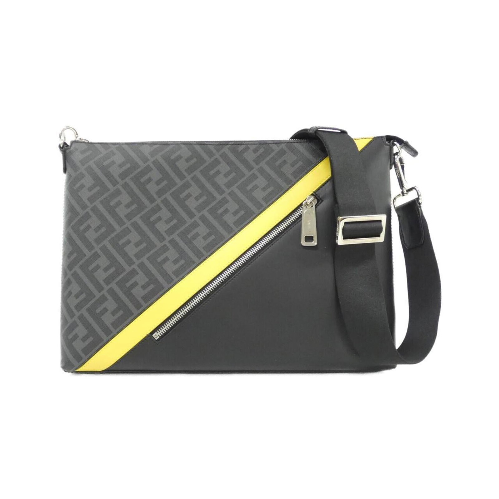 Canvas coated leather shoulder bag by Fendi: Canvas coated leather shoulder bag by Fendi Canvas coated leather shoulder bag by Fendi, featuring calfskin and a sleek black design. This used (very good) bag showcases some minor scratches and dirt