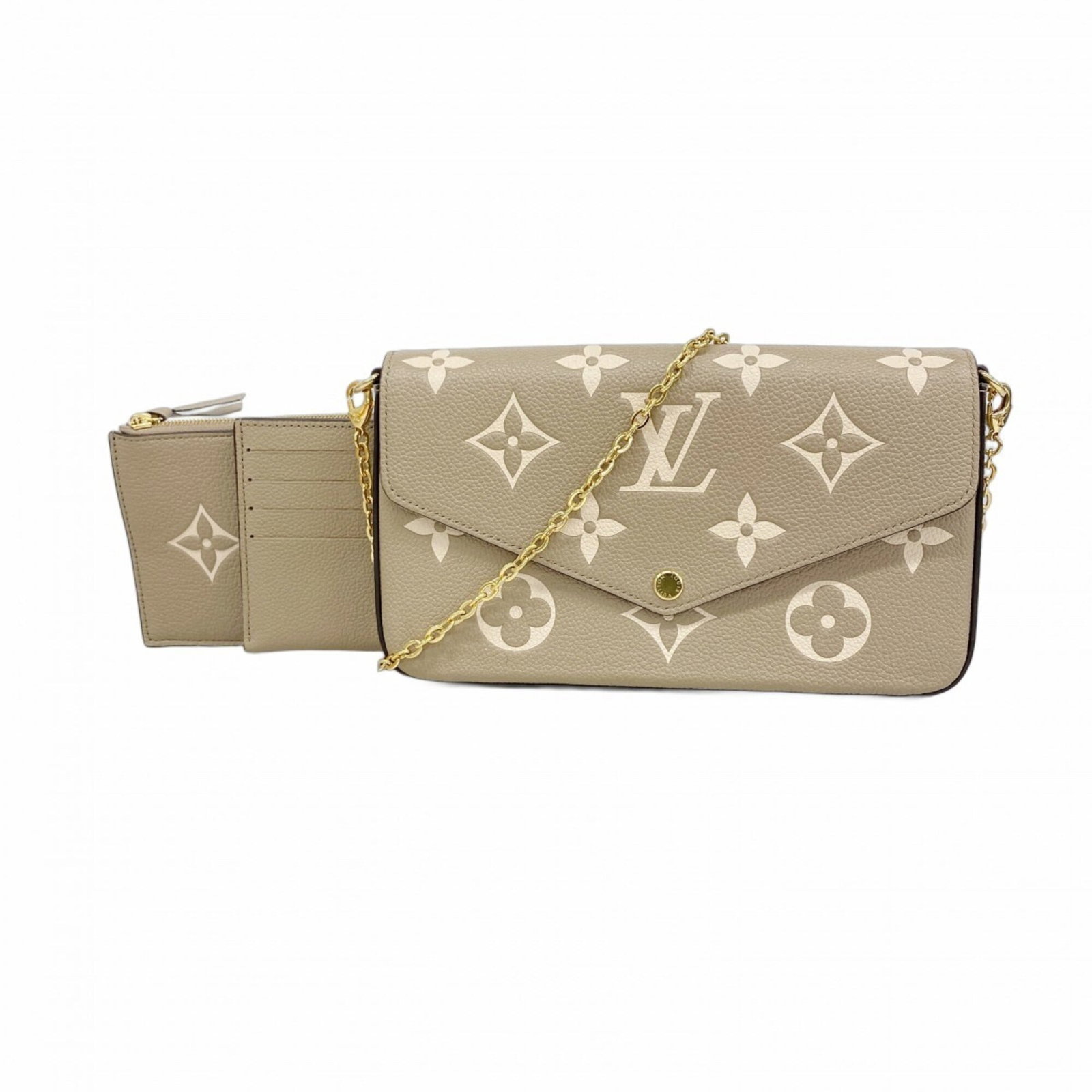 Chain Shoulder Louis Vuitton Wallet: Chain Shoulder Louis Vuitton Wallet Chain Shoulder Louis Vuitton Wallet in Cream and Tourterelle, featuring a classic design with a chain shoulder strap. This used wallet measures 12cm x 21.5cm x 3cm
