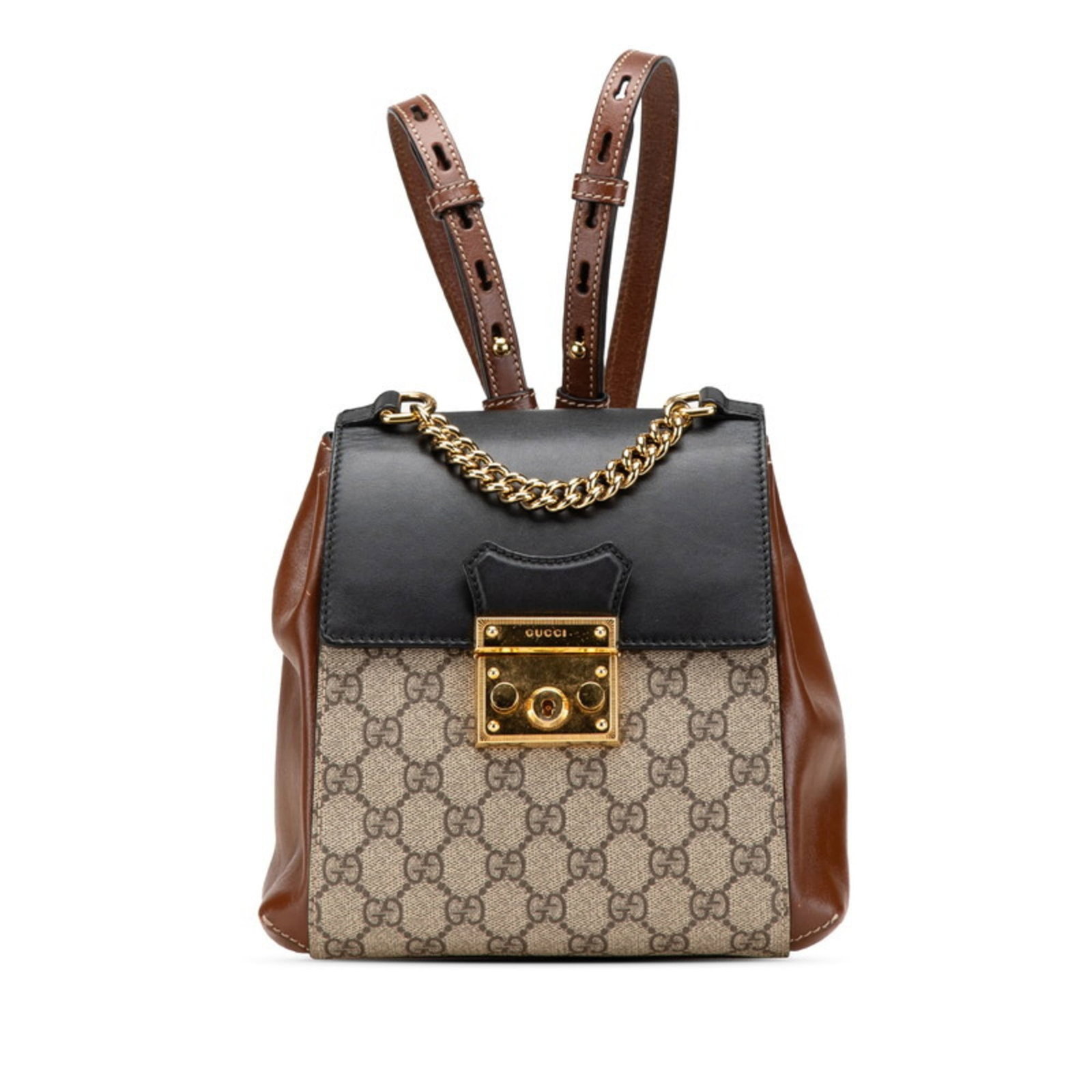 PVC leather Gucci backpack: PVC leather Gucci backpack PVC leather Gucci backpack in beige, black, and brown colors. This used backpack features traces of usage with scratches and dirt, but remains generally in good condition. W