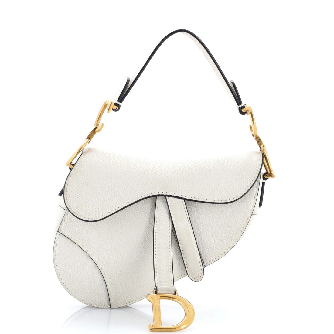 Mini leather saddle handbag by Christian Dior: Mini leather saddle handbag by Christian Dior White leather mini saddle handbag by Christian Dior features a classic design with gold hardware and neutral interior. Minor scuffs, creases, and