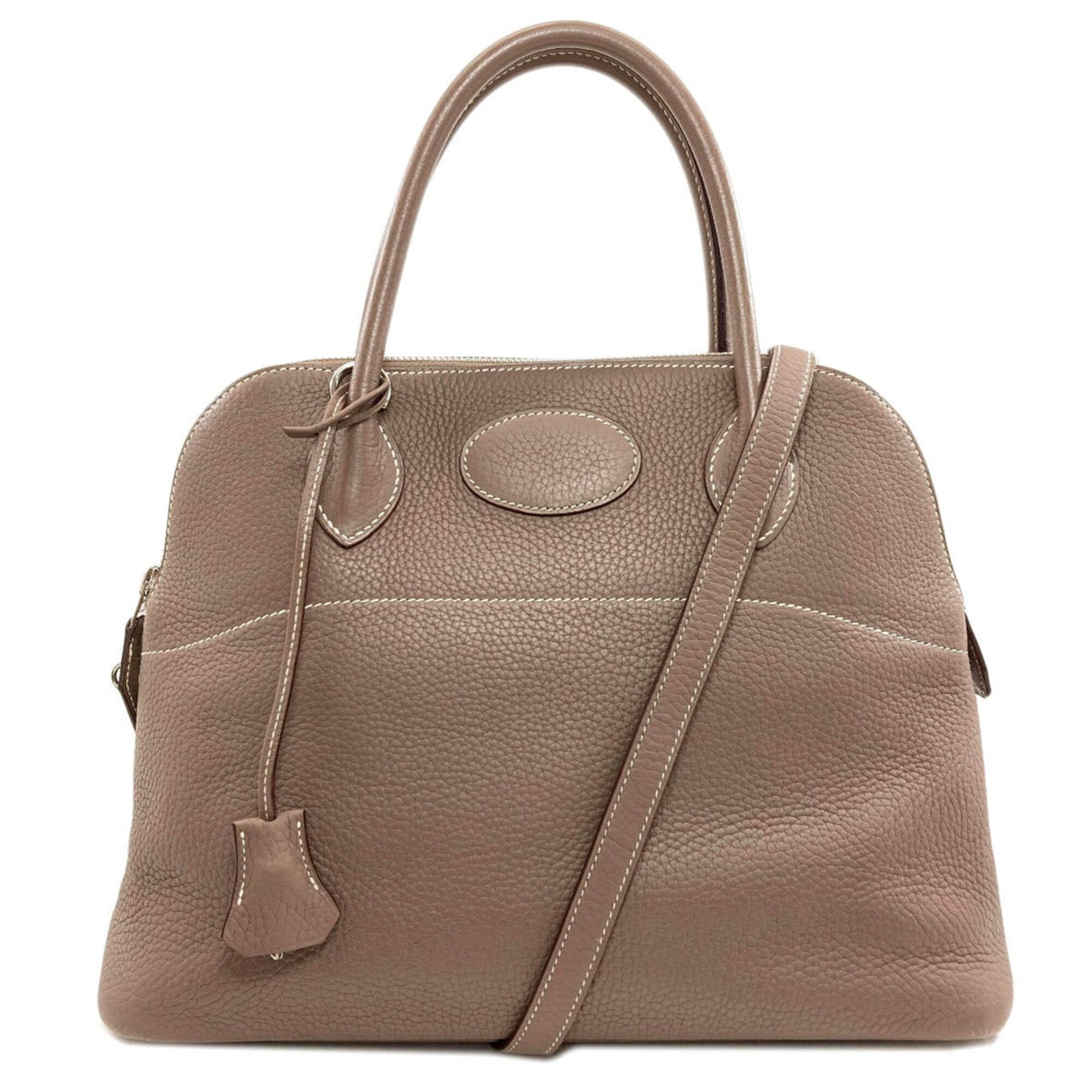 Clemence Leather Hermes Taurillon Handbag: Clemence Leather Hermes Taurillon Handbag Etoupe Gray Taurillon Clemence Leather Handbag from Hermes features a classic design with subtle scratches and minor dirt, giving it a worn-in look. Made from