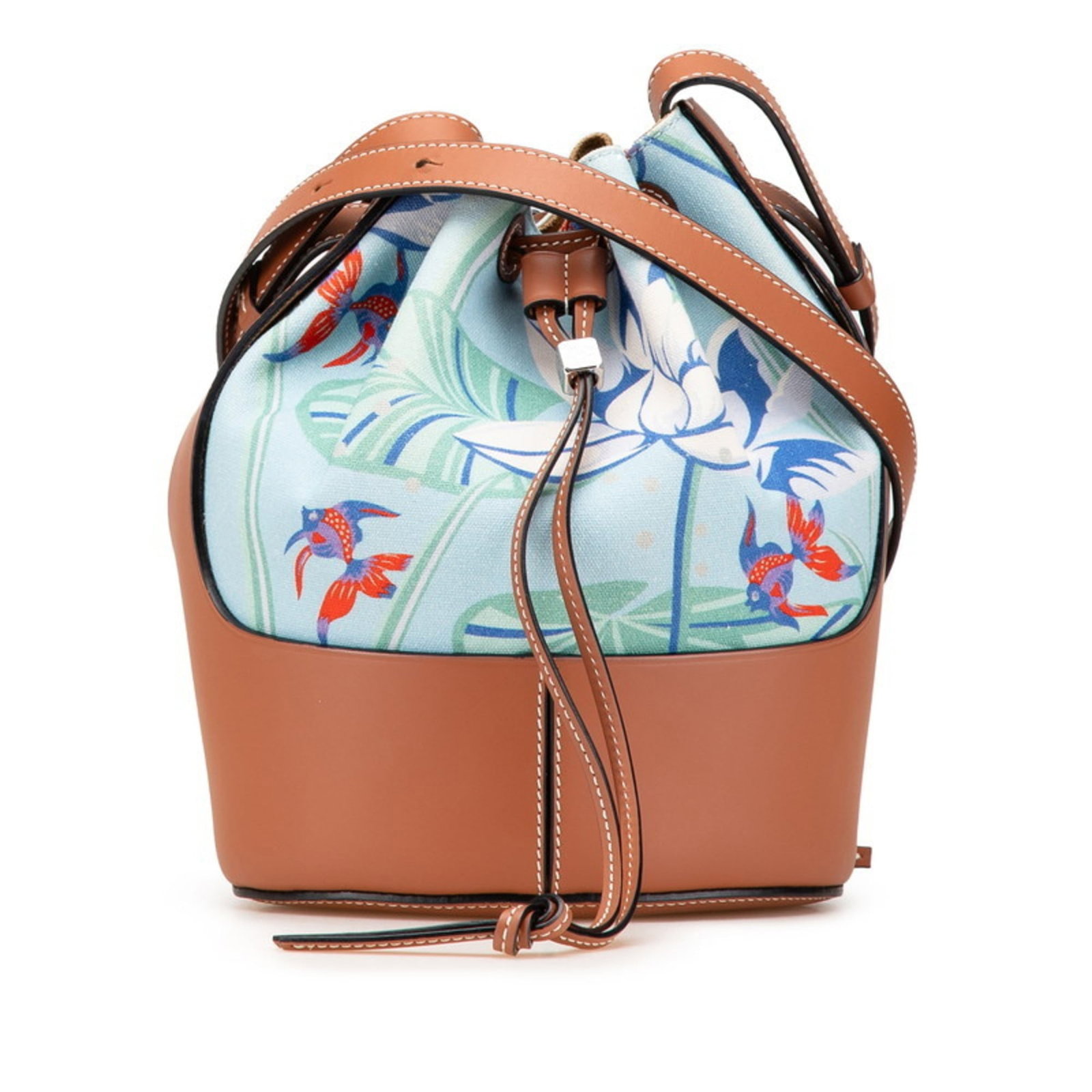 Shoulder Bag Canvas Leather By Loewe: Shoulder Bag Canvas Leather By Loewe Canvas and leather combine in this understated shoulder bag from Loewe, featuring a brown color with subtle light blue accents. The bag measures 22cm x 18cm x