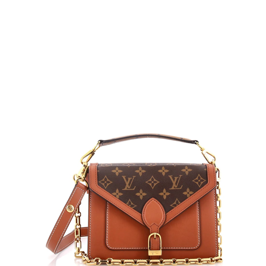Handbag Biface Leather Louis Vuitton Reverse Monogram Canvas: Handbag Biface Leather Louis Vuitton Reverse Monogram Canvas Brown Louis Vuitton Biface Leather Shoulder Bag with Reverse Monogram Canvas Exterior, featuring scuffed and cracked exterior with minor