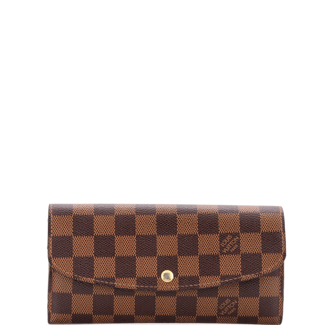 Damier Emilie Wallet Louis Vuitton: Damier Emilie Wallet Louis Vuitton Brown Damier Emilie Wallet with Gold Hardware, featuring canvas-coated exterior and interior, and minor cracking on wax edges. Measuring 3" in height, 7" in width,